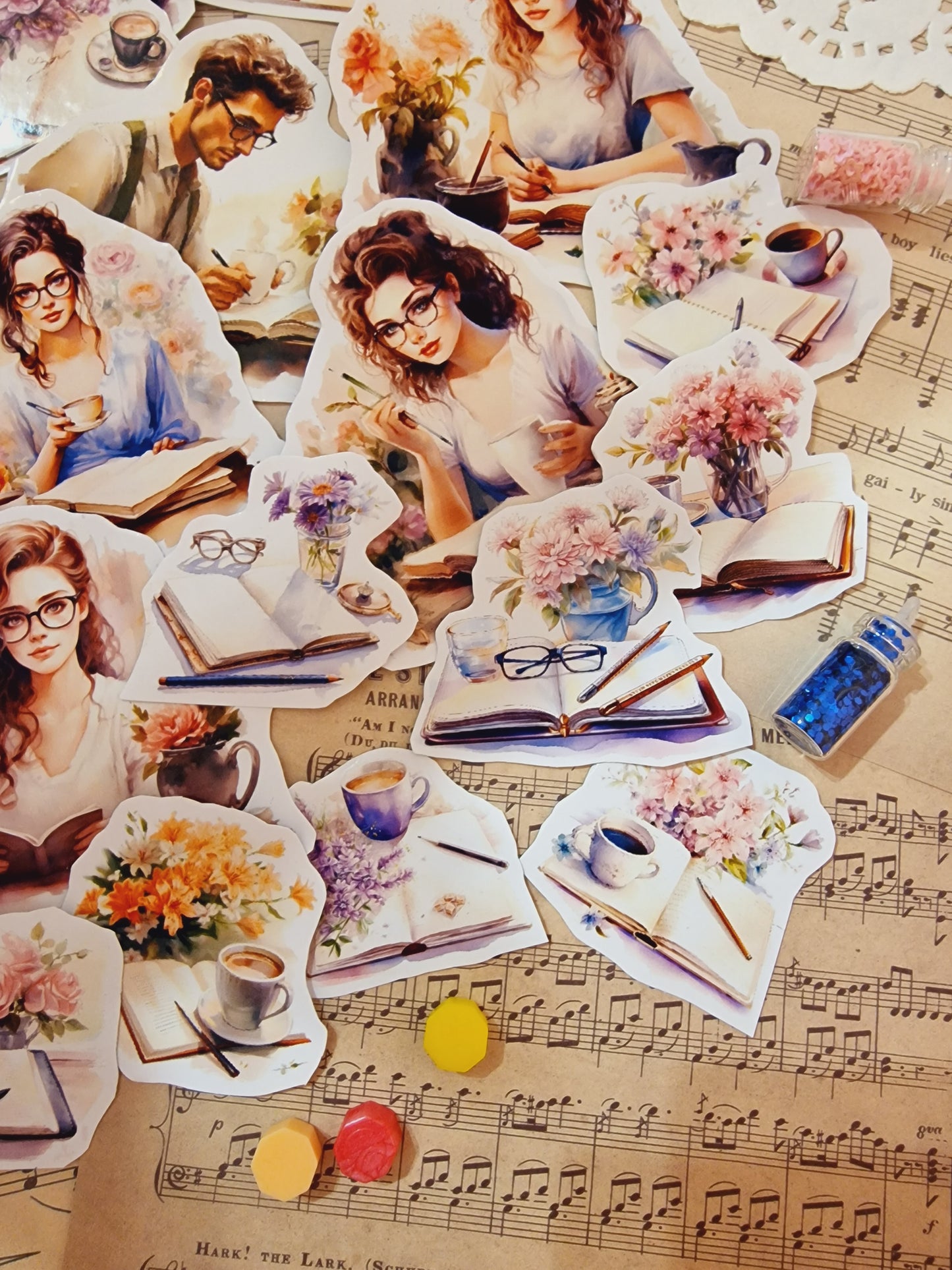 Lot de 25 autocollants lecture et autocollants café pour la journalisation | Scrapbooking | Artisanat | Arts de la main •