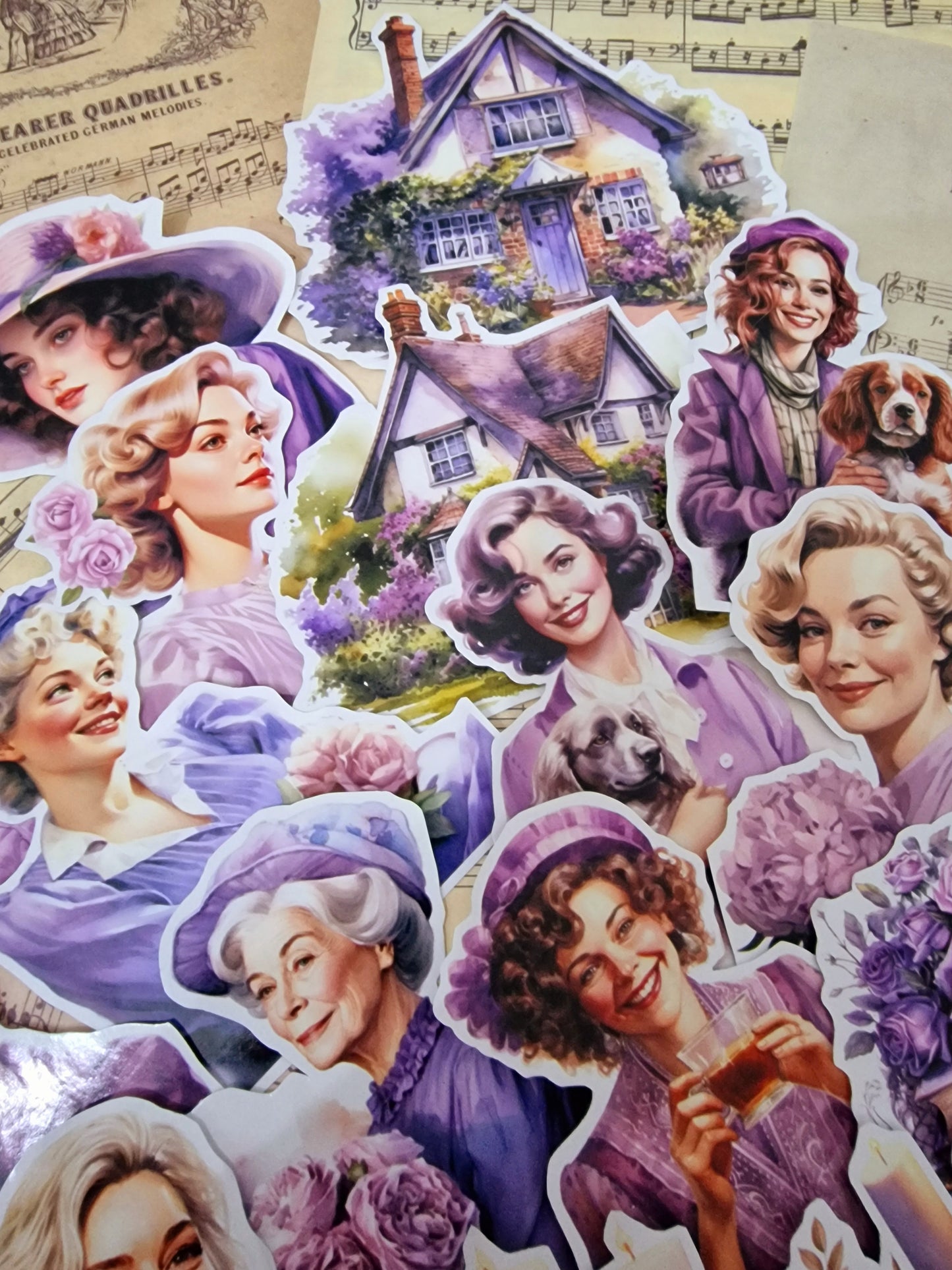 Lot de 17 stickers mauves cottage cosy pour journal | Scrapbooking | Artisanat | Arts de la main •