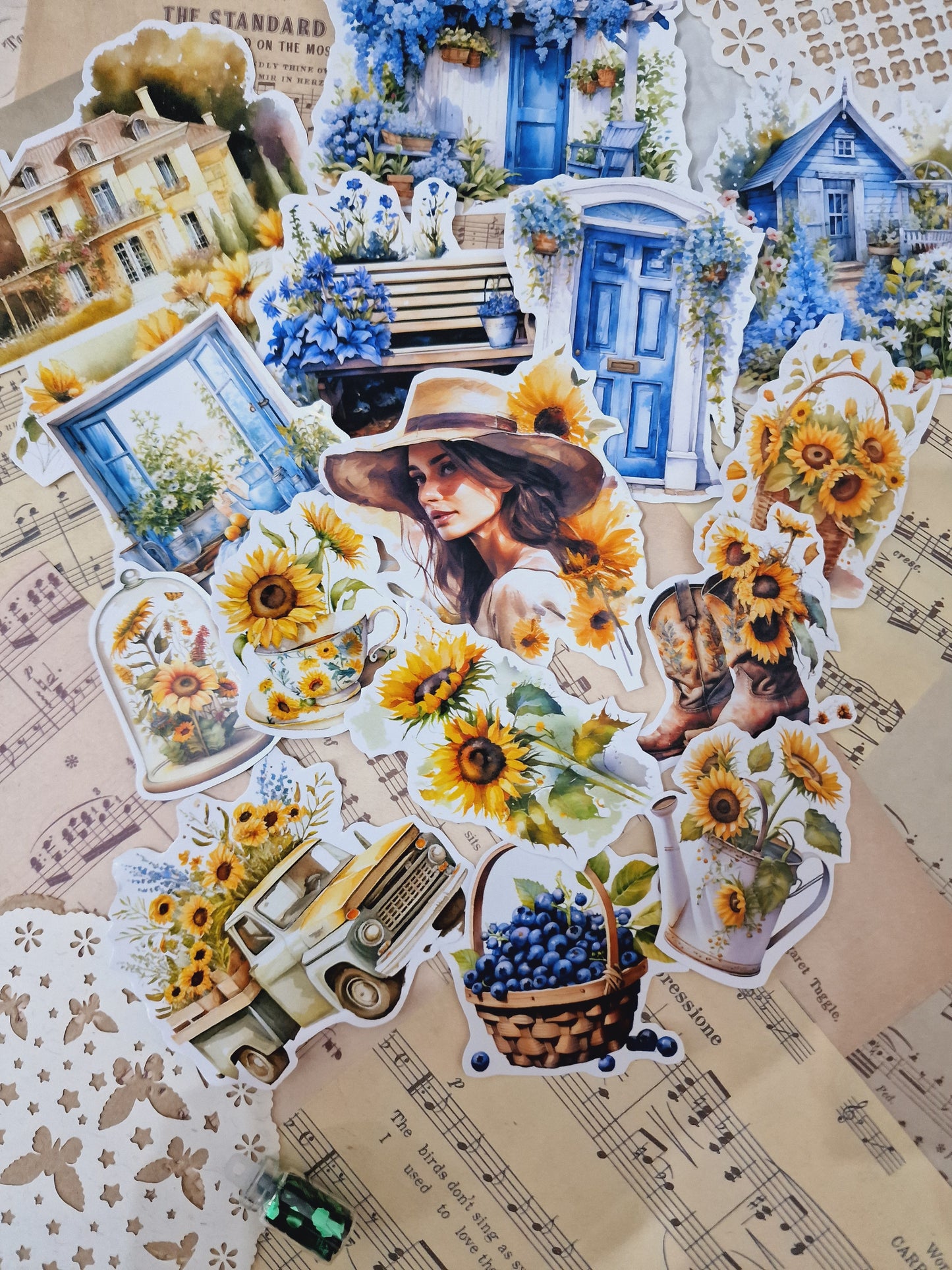 Lot de 15 autocollants Bleu Jaune Cottage | Scrapbooking | Artisanat | Arts de la main •