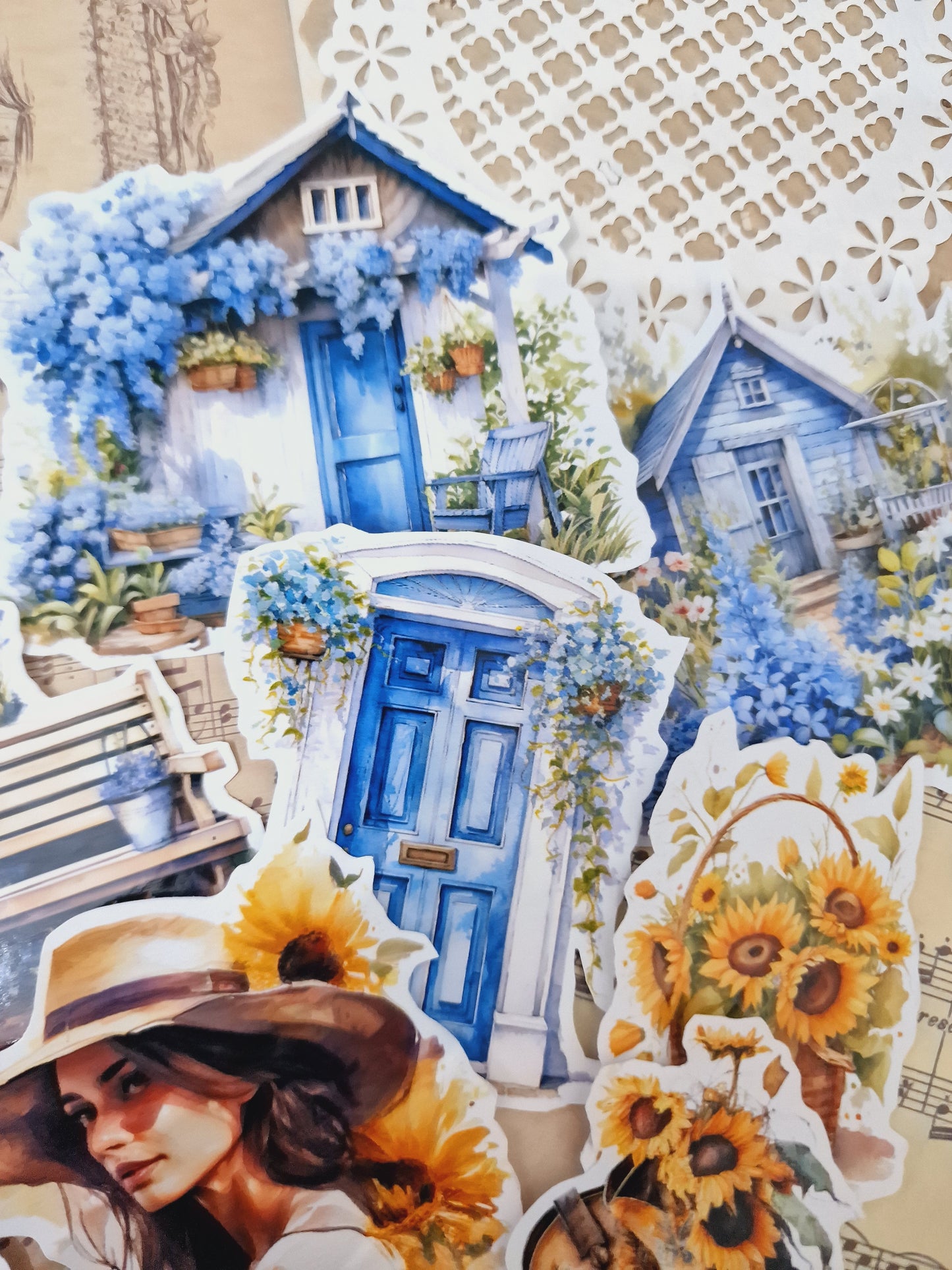 Lot de 15 autocollants Bleu Jaune Cottage | Scrapbooking | Artisanat | Arts de la main •