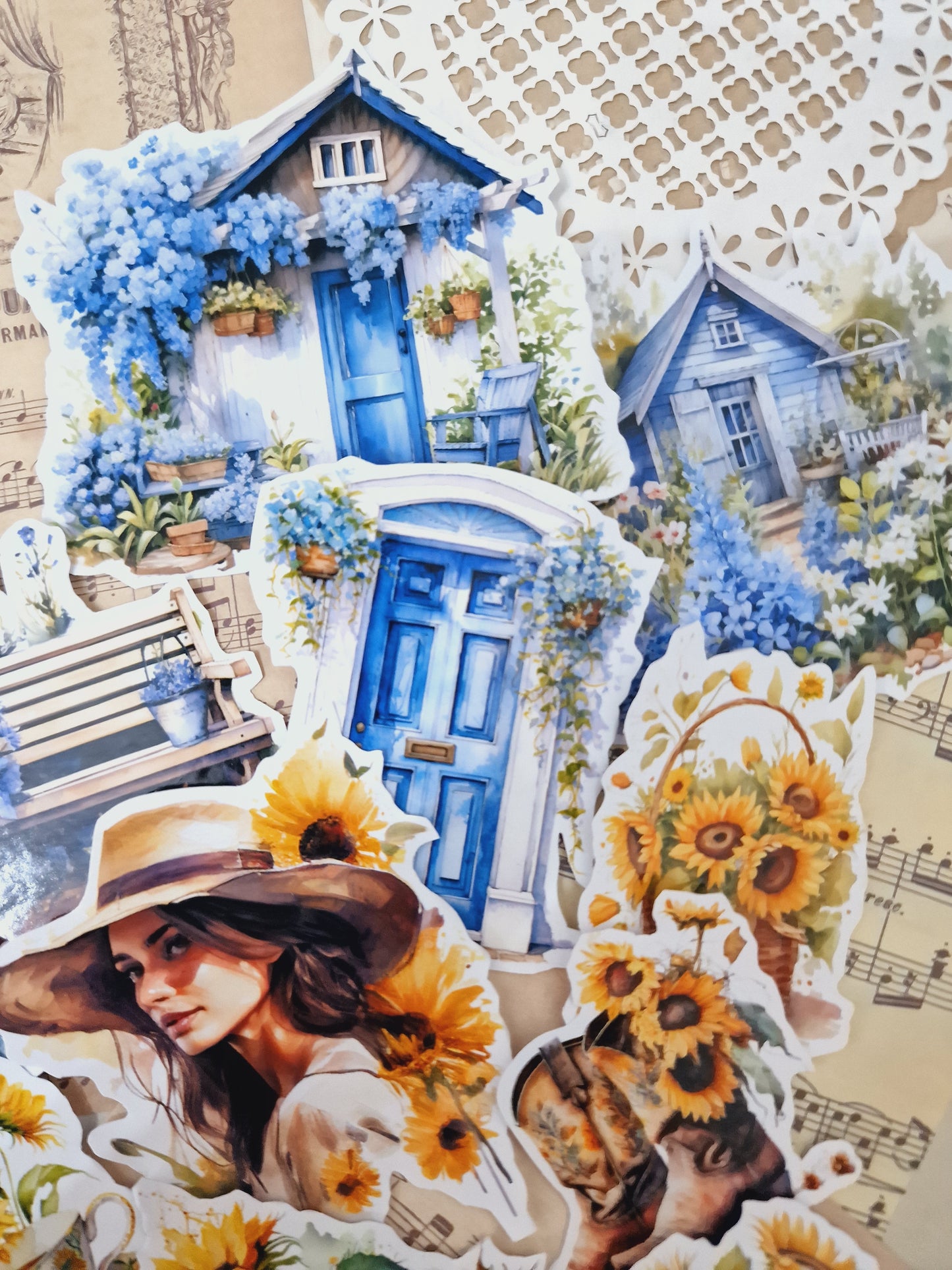 Lot de 15 autocollants Bleu Jaune Cottage | Scrapbooking | Artisanat | Arts de la main •