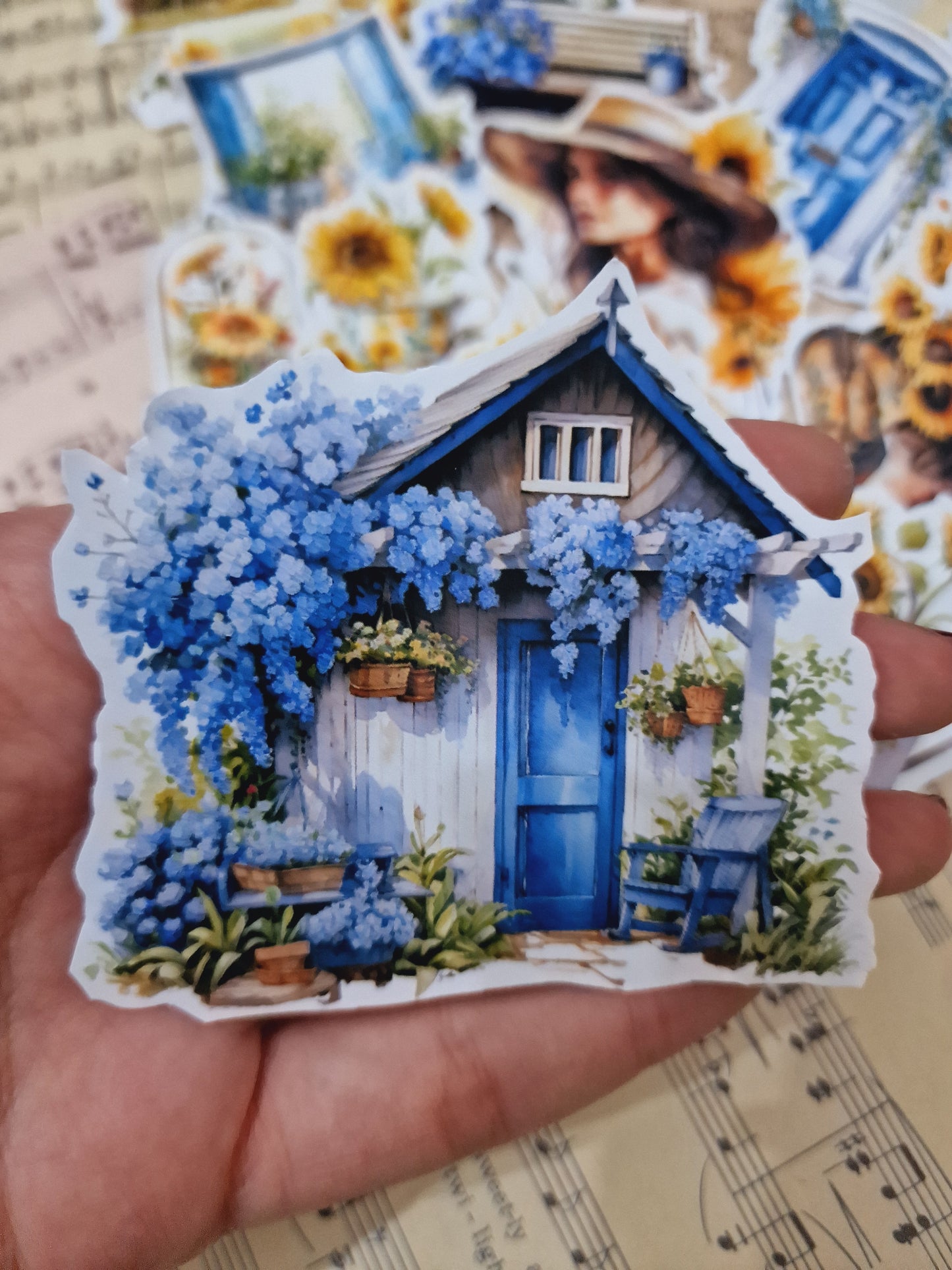 Lot de 15 autocollants Bleu Jaune Cottage | Scrapbooking | Artisanat | Arts de la main •