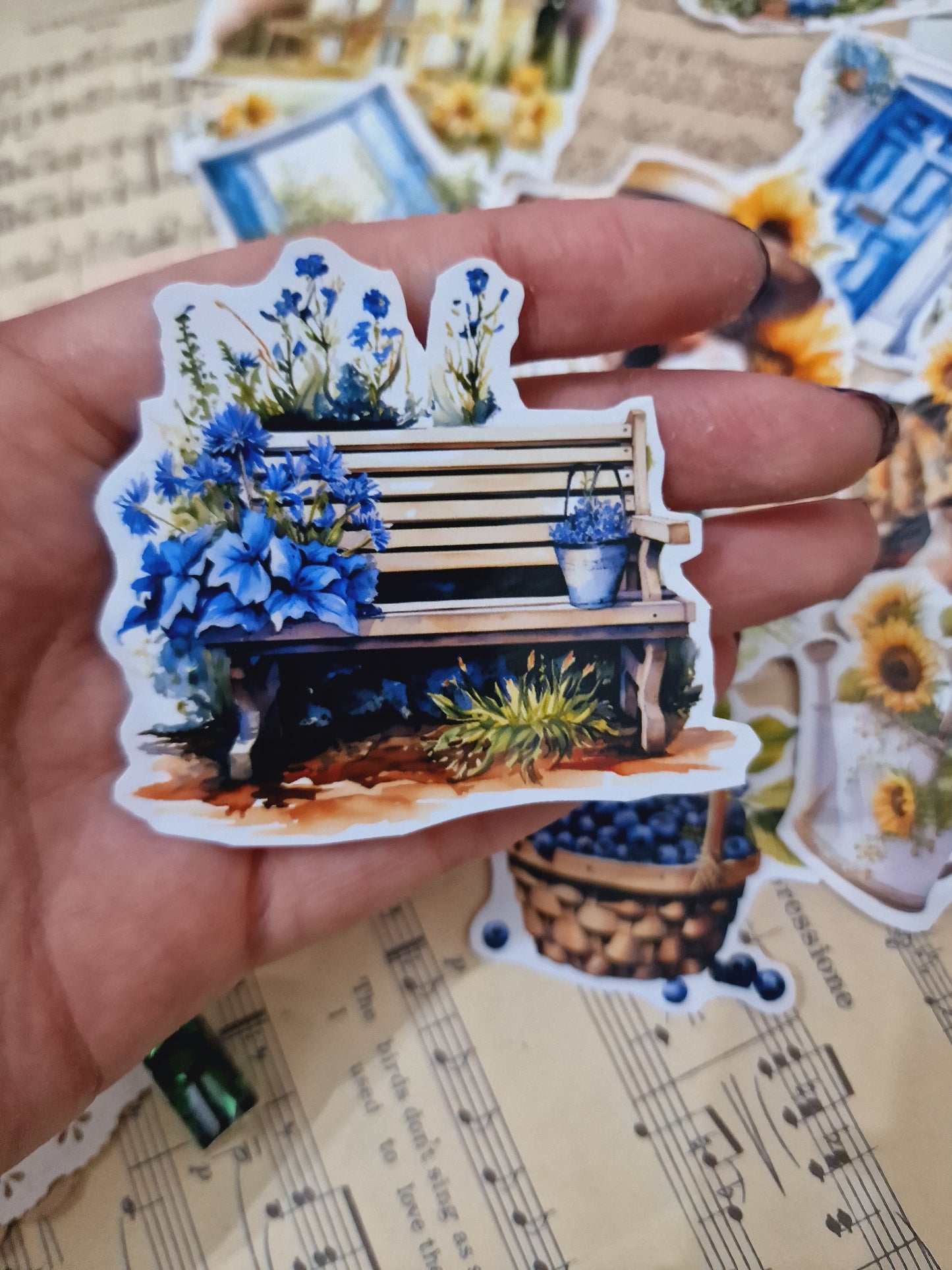 Lot de 15 autocollants Bleu Jaune Cottage | Scrapbooking | Artisanat | Arts de la main •