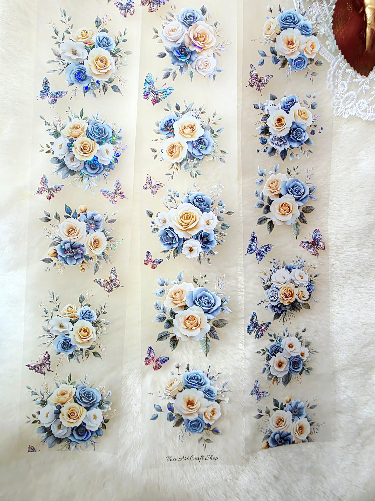 My DESIGN My PET TAPE pour journal, scrapbooking, travaux manuels, boucle d'art à la main 100 cm x7 cm, Shinning Cream & Blue Roses flowers