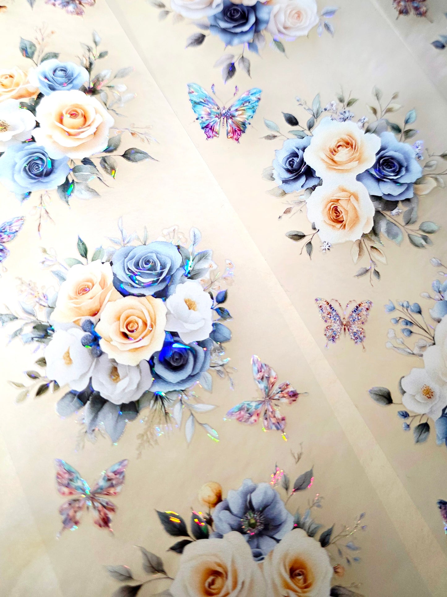 My DESIGN My PET TAPE pour journal, scrapbooking, travaux manuels, boucle d'art à la main 100 cm x7 cm, Shinning Cream & Blue Roses flowers