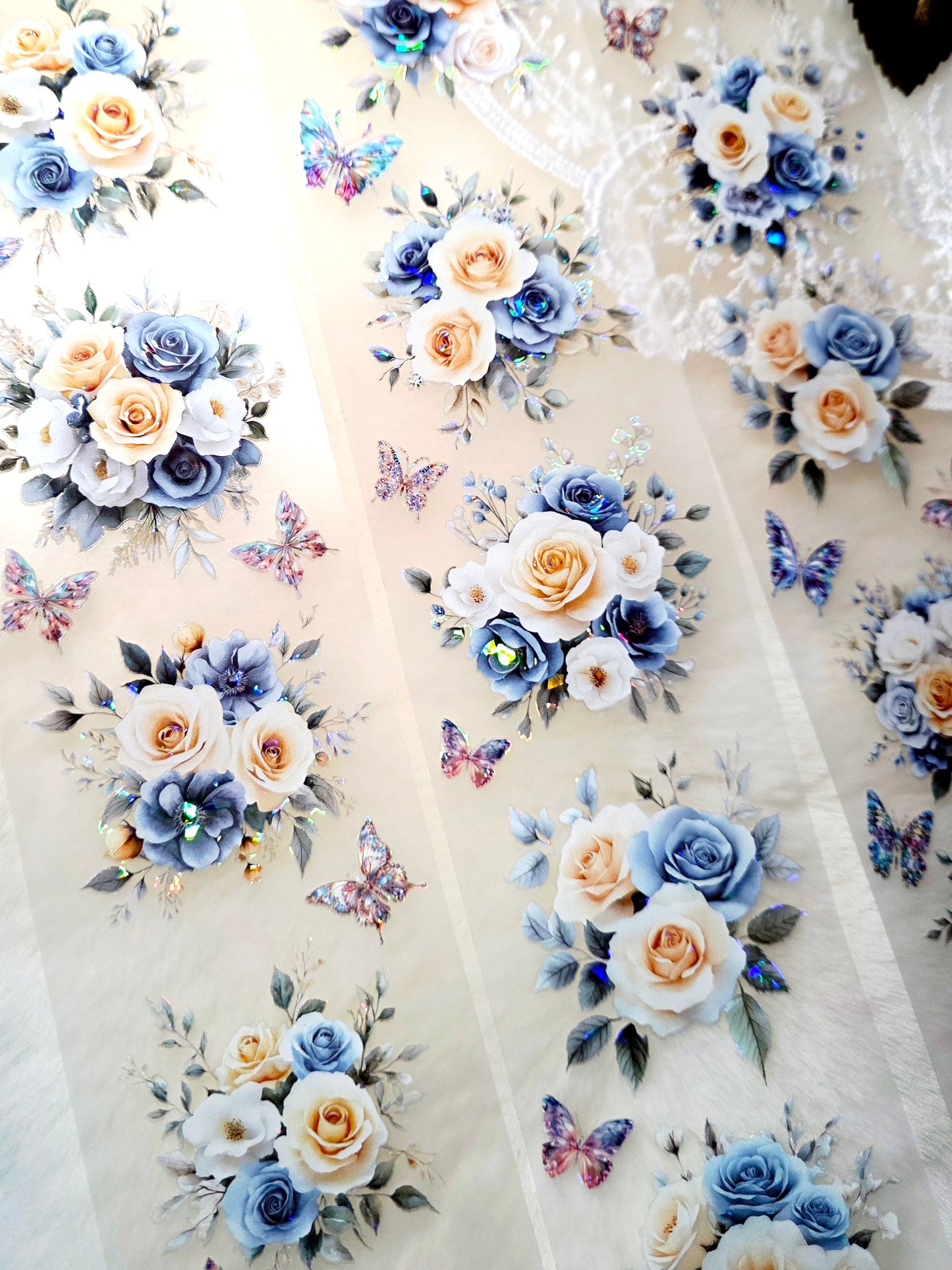 My DESIGN My PET TAPE pour journal, scrapbooking, travaux manuels, boucle d'art à la main 100 cm x7 cm, Shinning Cream & Blue Roses flowers