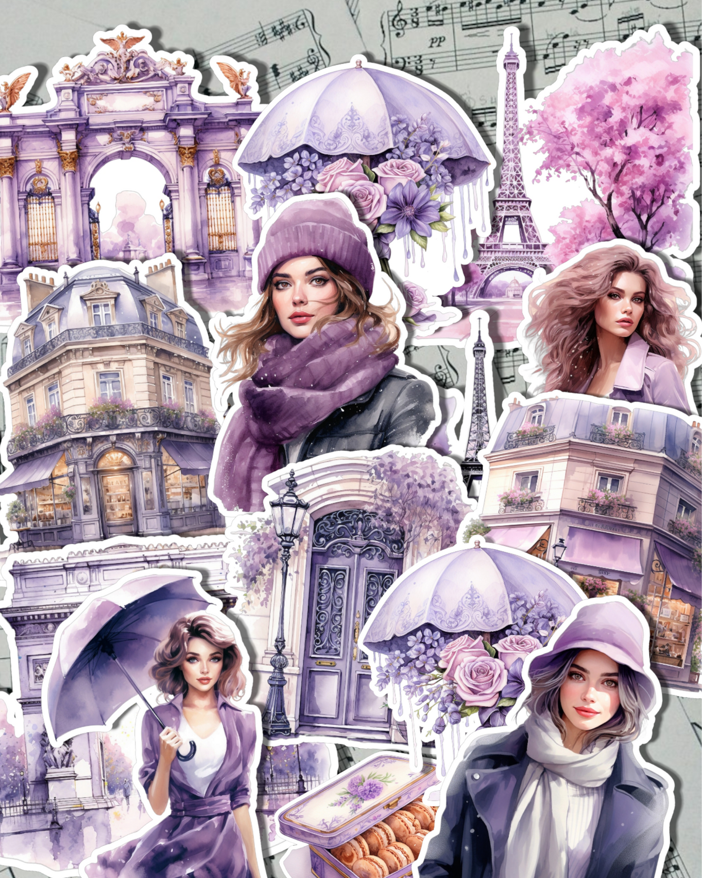 Lot de 14 stickers Rose Purple Paris pour journal, scrapbooking, travaux manuels•