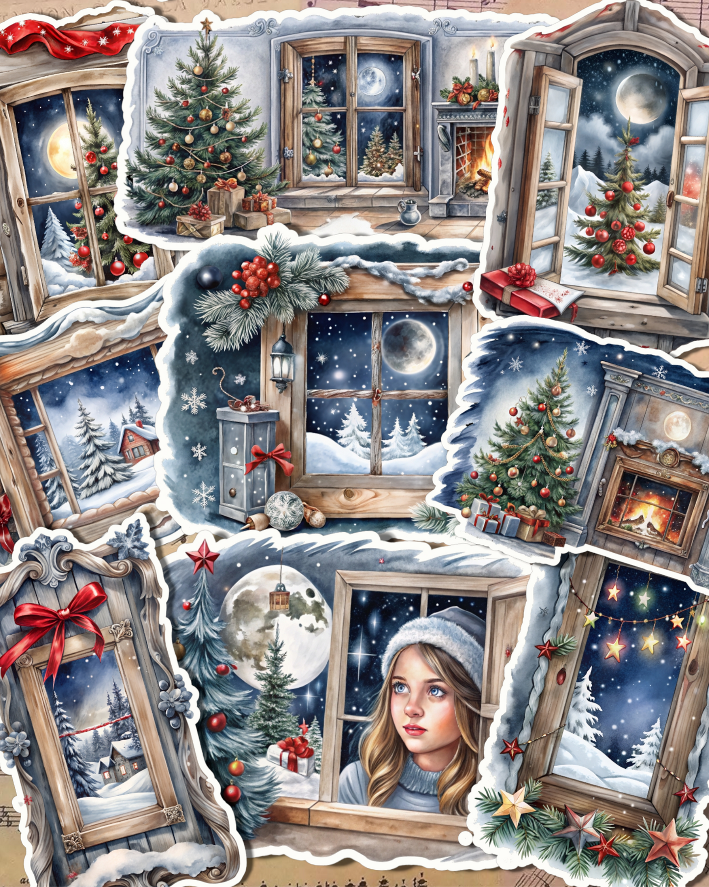 Set of 9 Winter new year window for journaling, scrapbooking, Crafts, Hand Arts.