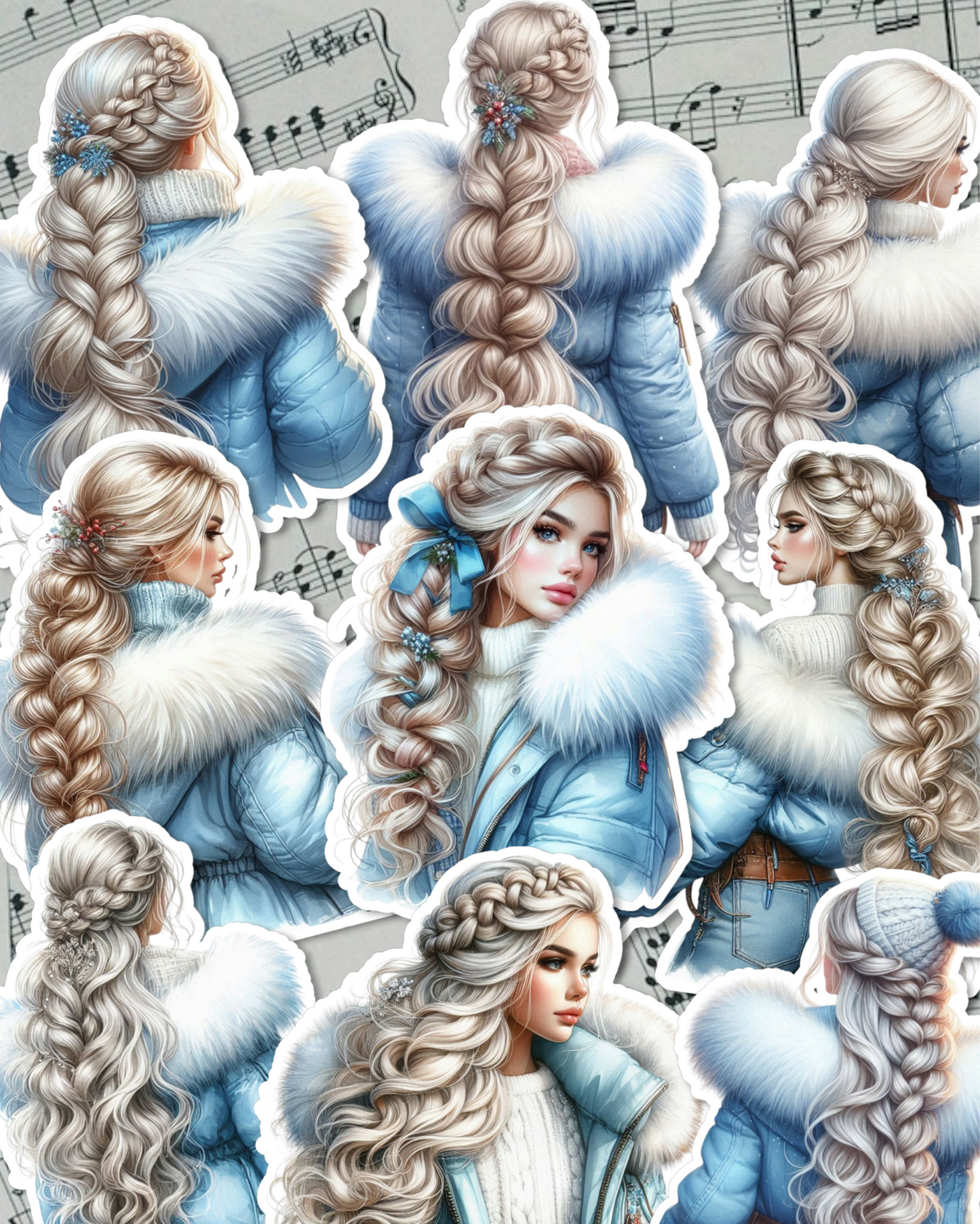 Lot of 9 Winter girls in Blue flak jacket for journaling, Scrapbooking, Crafts, HandArts•