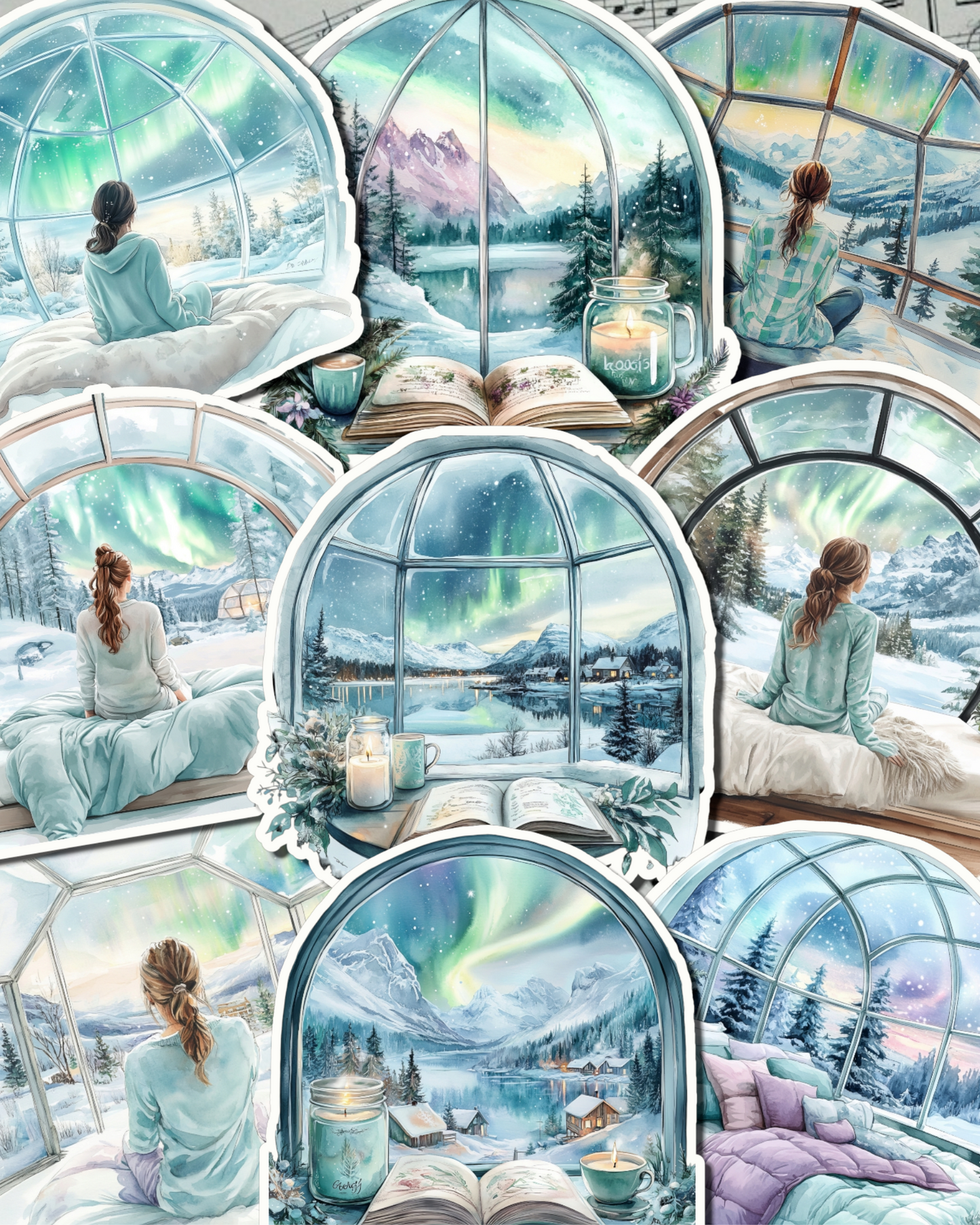 Lot de 9 Stickers Cosy northern lights cozy corner for journaling, scrapbooking, Crafts, HandArts.