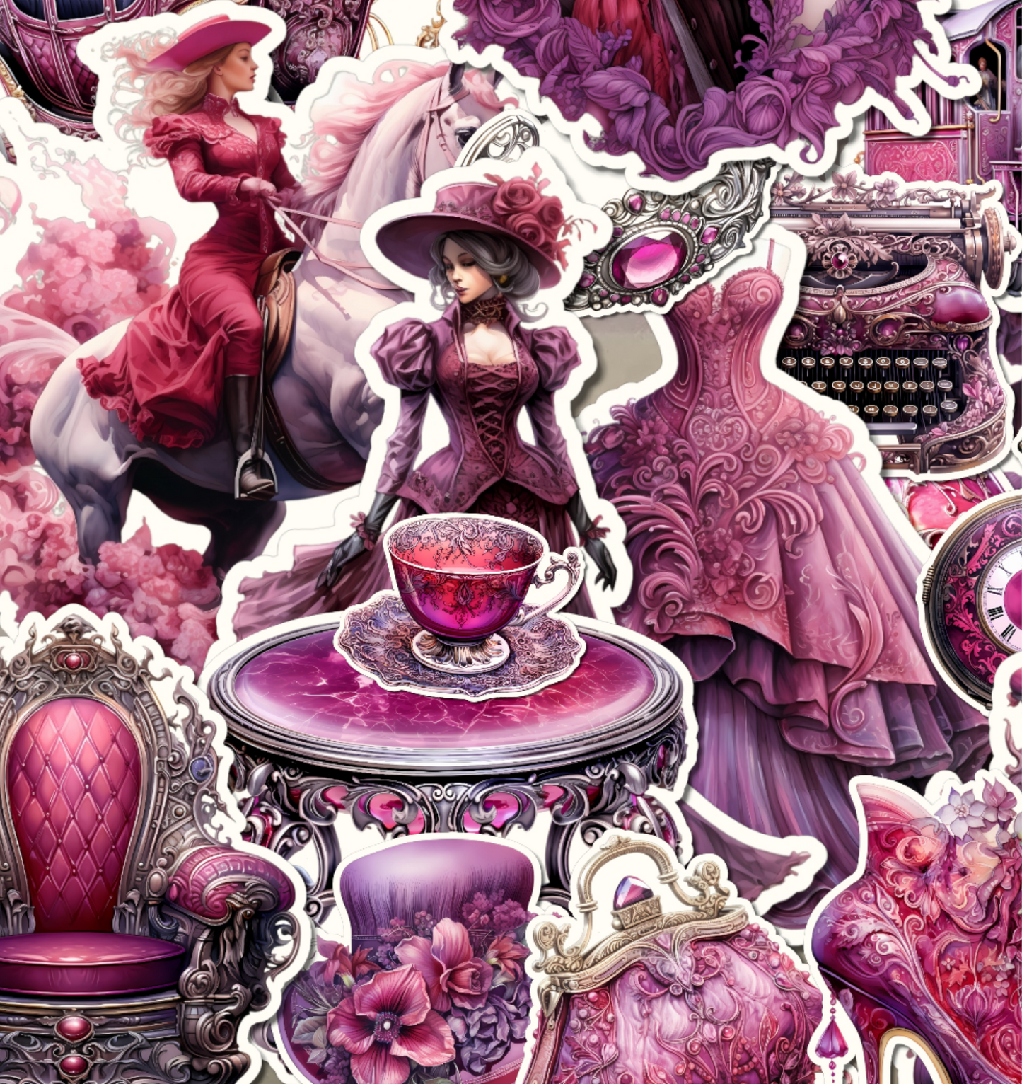 Bundle of 25 or 12 pics Stickers Crimson Color Victorian life in poster colors for journaling, Scrapbooking, Crafts,Hand Arts.