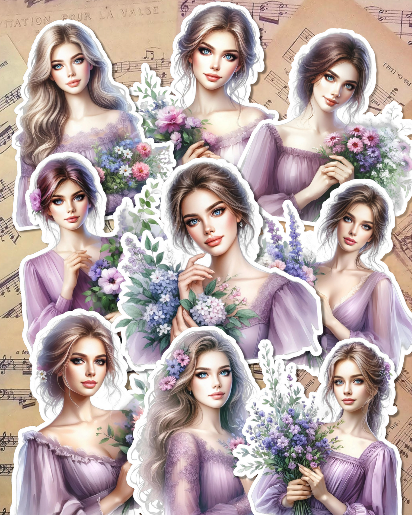 Lot of 9 stickers Rose Purple girls Pour Journal, Scrapbooking, travaux manuels•