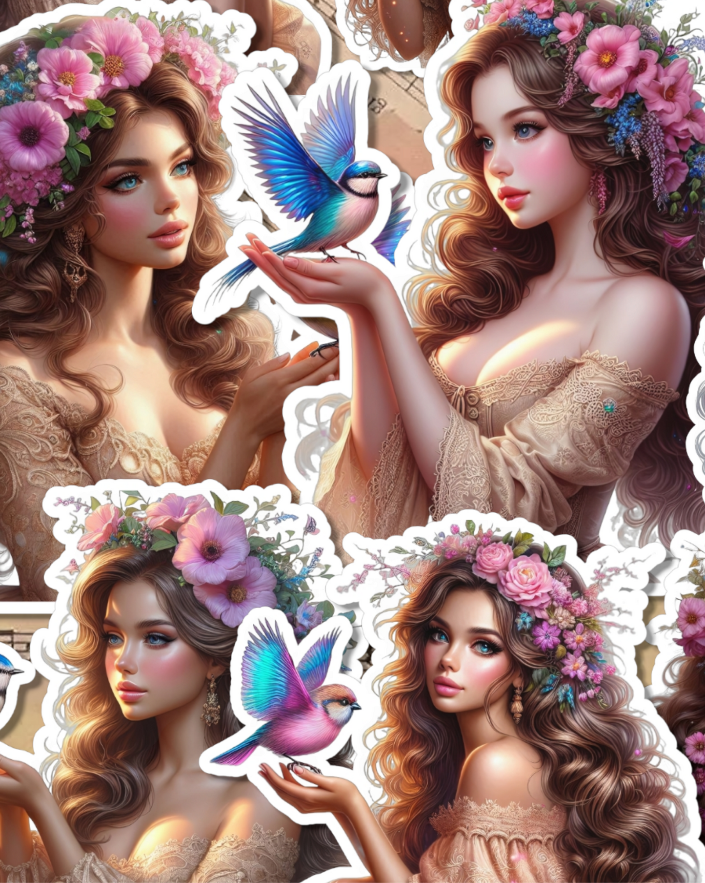 Set of Beautiful Girls holding birds for journaling , le scrapbooking, Crafts, HandArts.