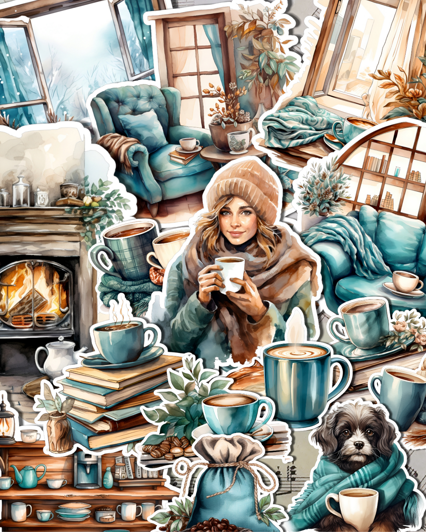 Lot de 15 stickers Cosy Winter Coffee | Scrapbooking | Artisanat | Arts de la main •