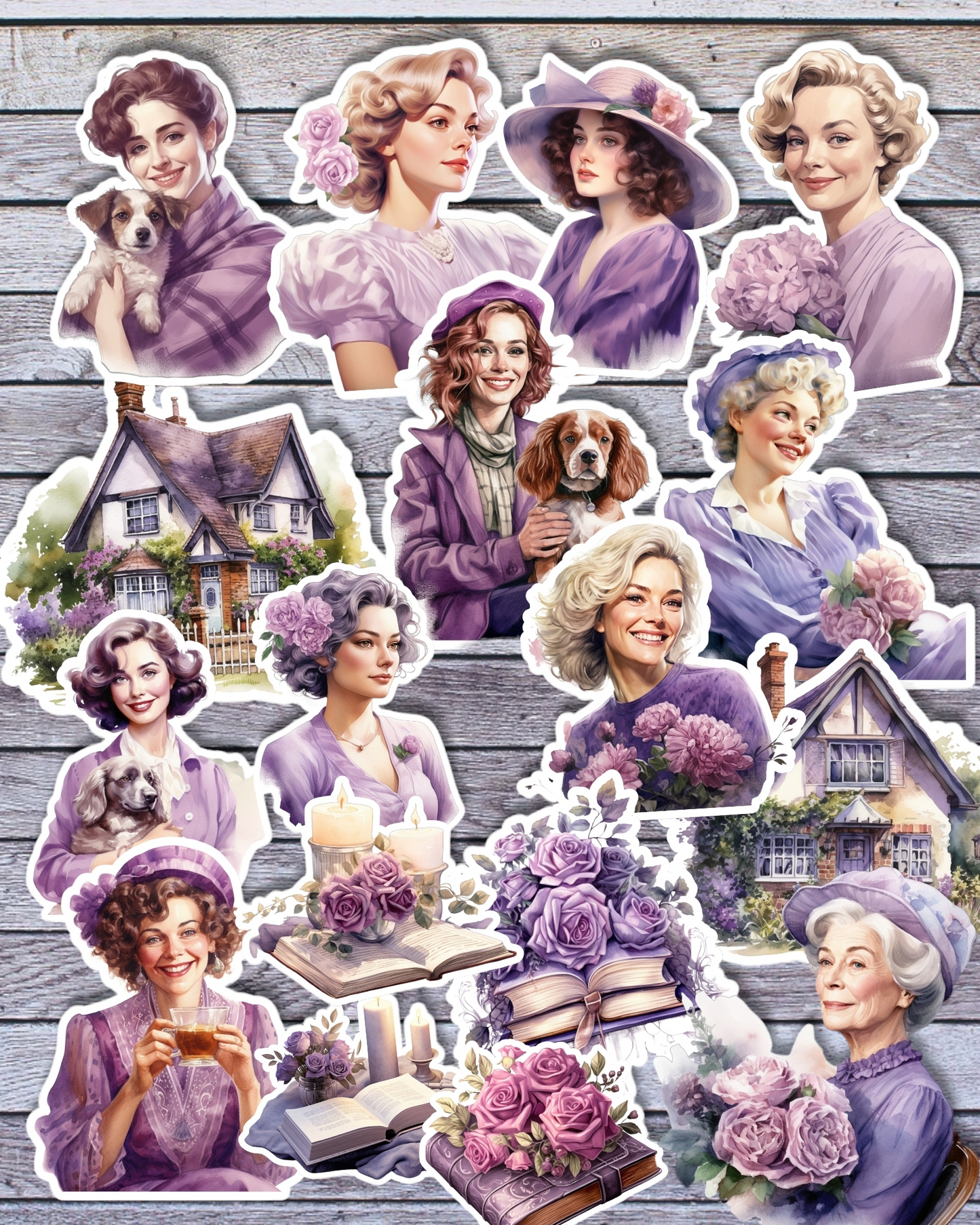 Lot de 17 stickers mauves cottage cosy pour journal | Scrapbooking | Artisanat | Arts de la main •