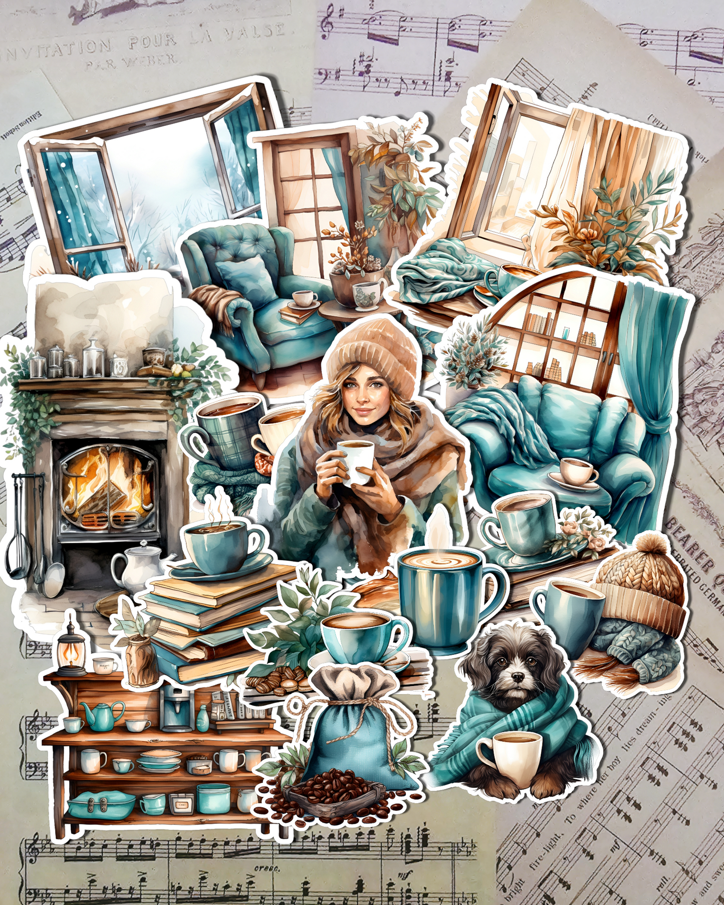 Lot de 15 stickers Cosy Winter Coffee | Scrapbooking | Artisanat | Arts de la main •