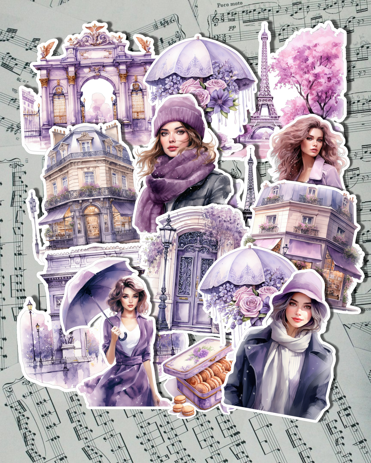 Lot de 14 stickers Rose Purple Paris pour journal, scrapbooking, travaux manuels•