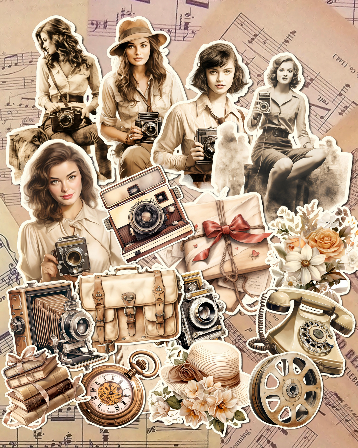 Lot d'autocollants photos couleur sépia vintage pour journal, scrapbooking, travaux manuels, arts manuels•