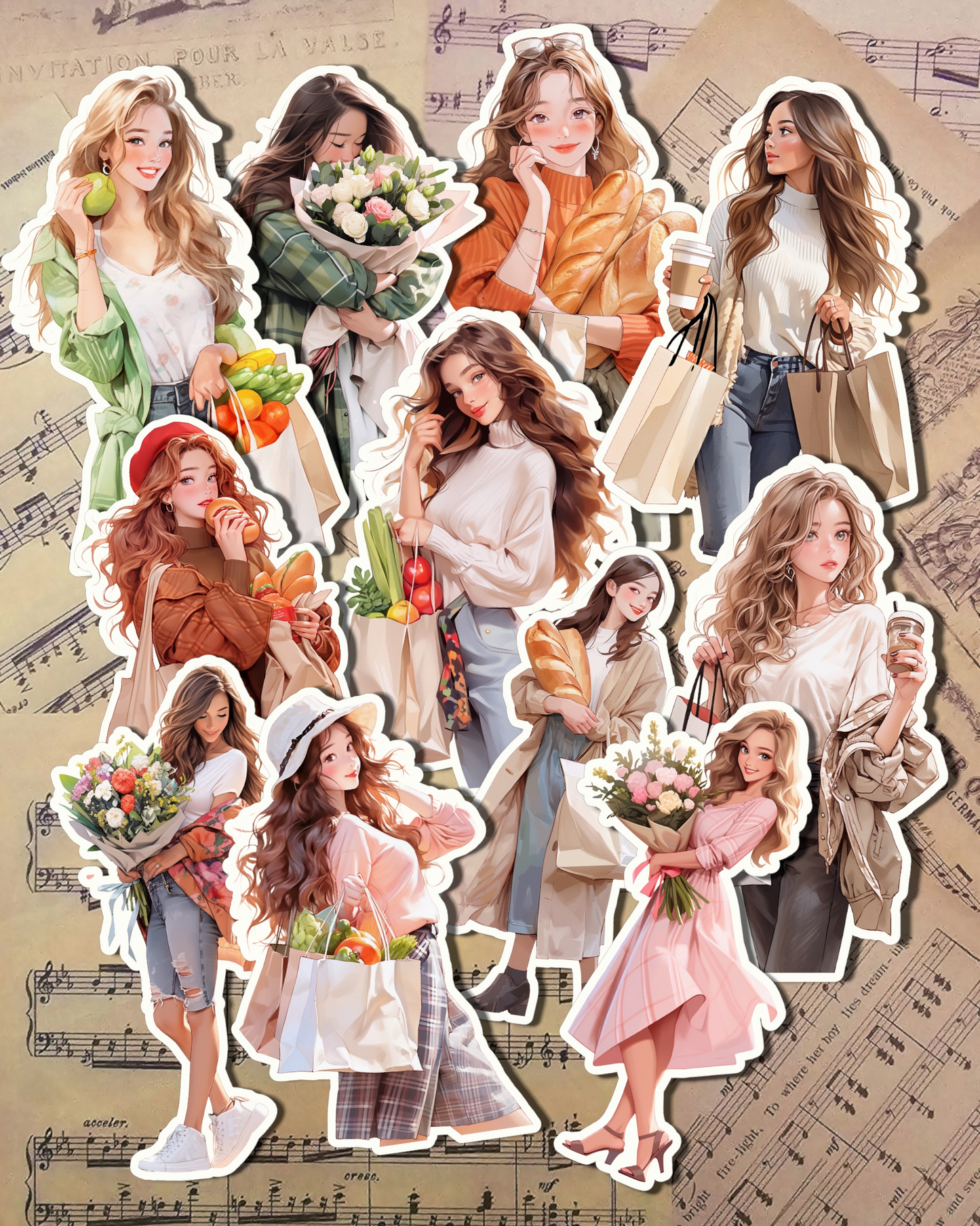 Lot de 11 autocollants Shopping bouquetière | Scrapbooking | Artisanat | oeuvre d'art ••