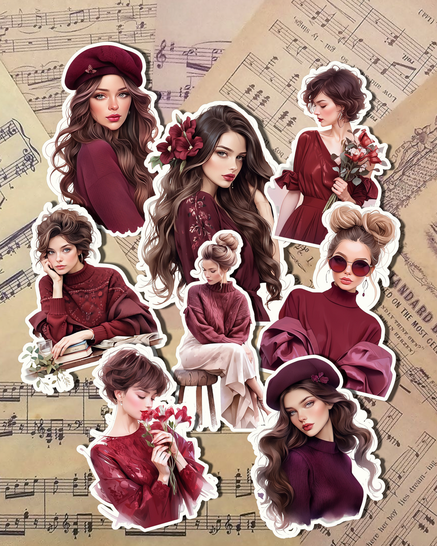 Lot de jolies filles bordeaux pour la rédaction d'un journal, le scrapbooking, les travaux manuels, les travaux manuels.