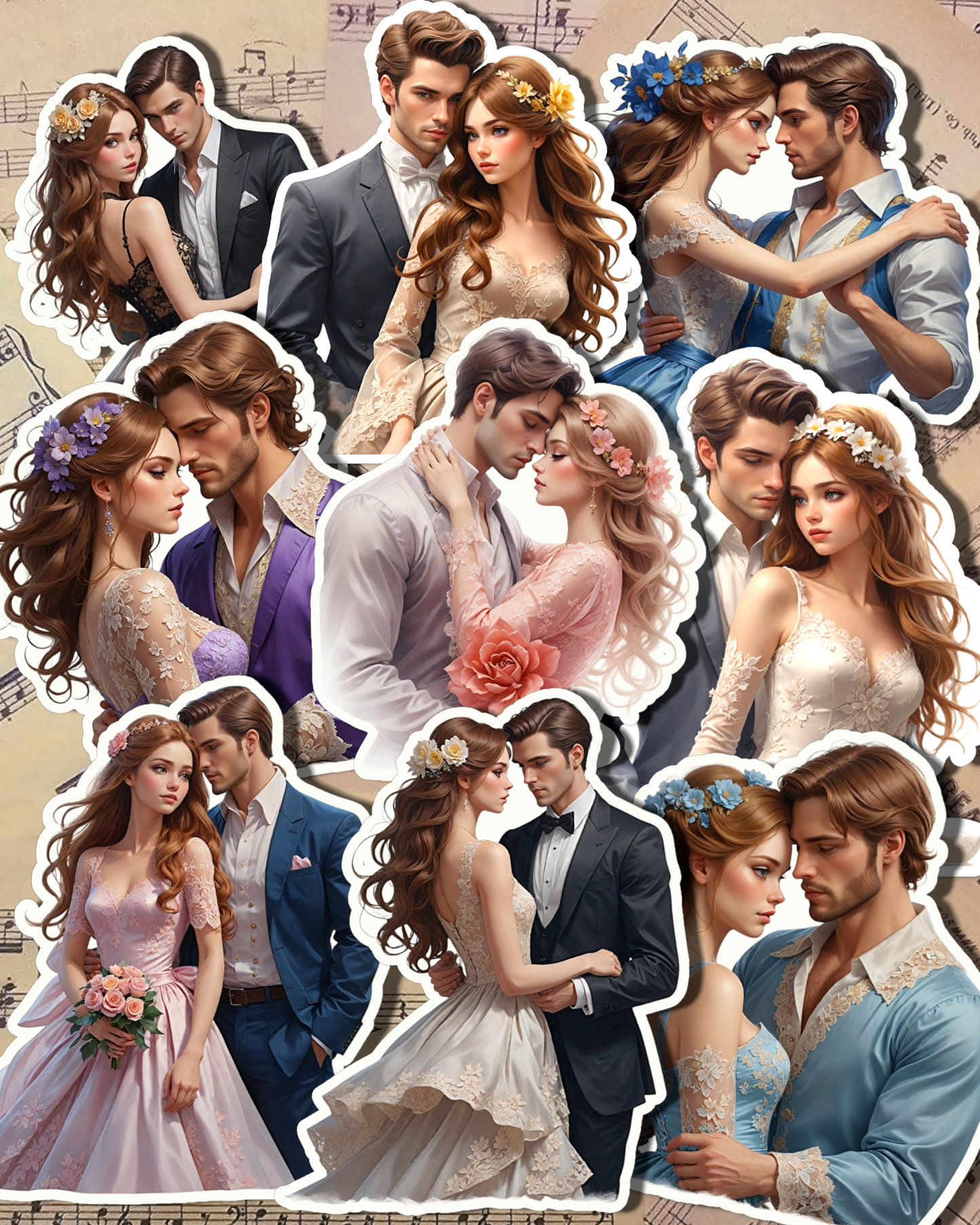 Set of 9 couple in classic costume and lace dress for journaling, scrapbooking, crafts, and HandArts•