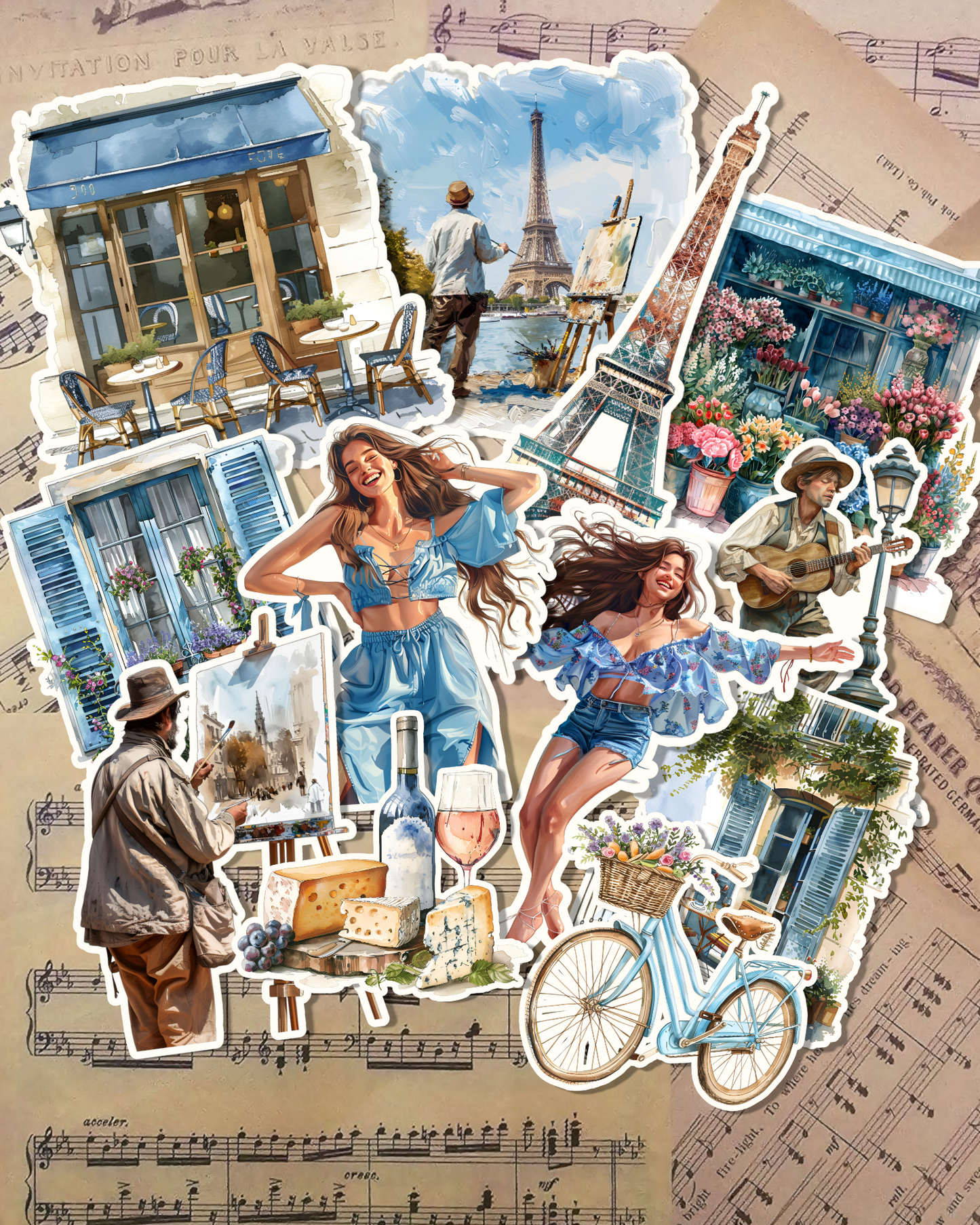 Set of stickers Summer in Paris for journaling, scrapbooking, crafts, and HandArts.