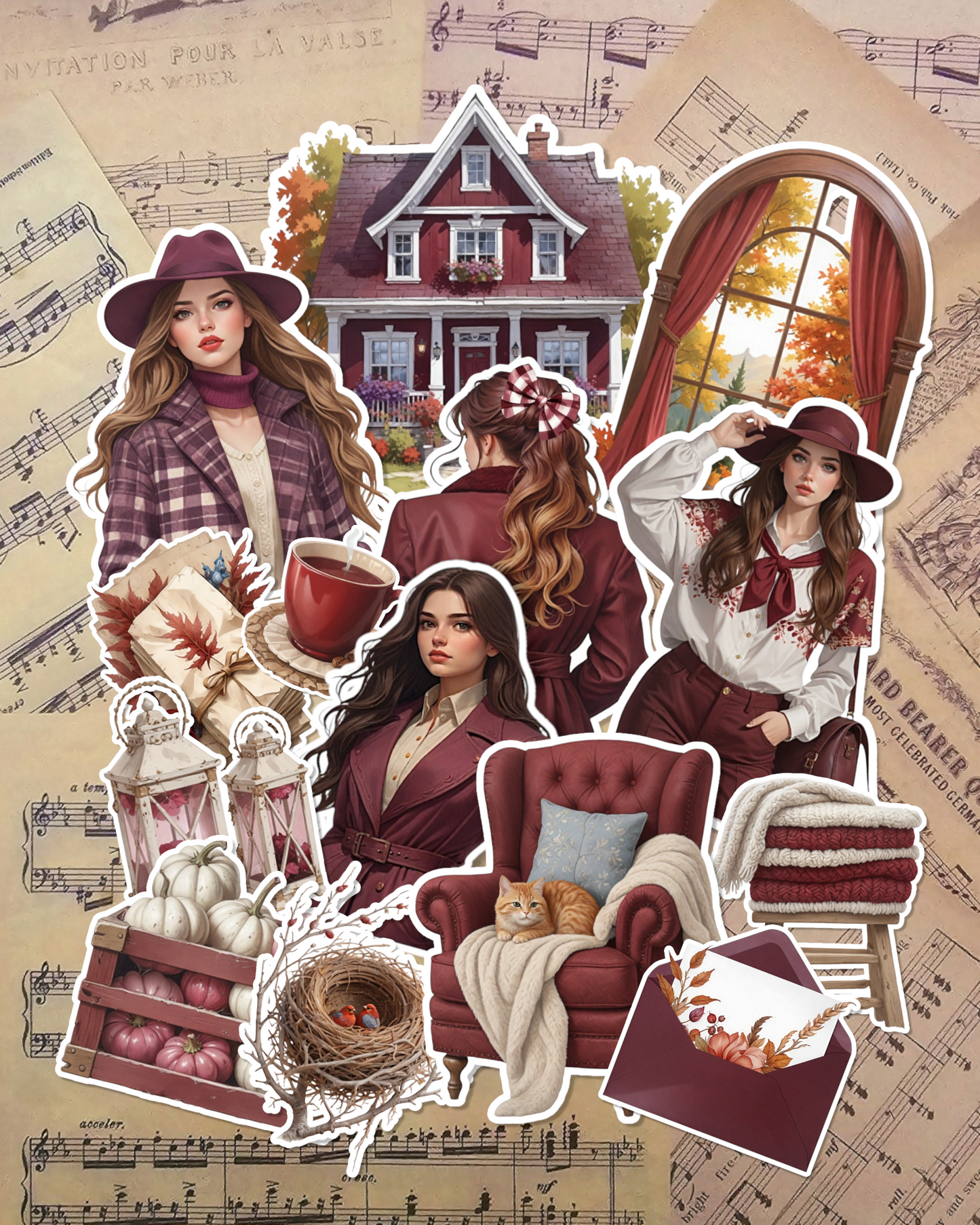Lot de 14 stickers Rouge vineux automne pour tenir un journal | Scrapbooking | Artisanat| Arts de la main •