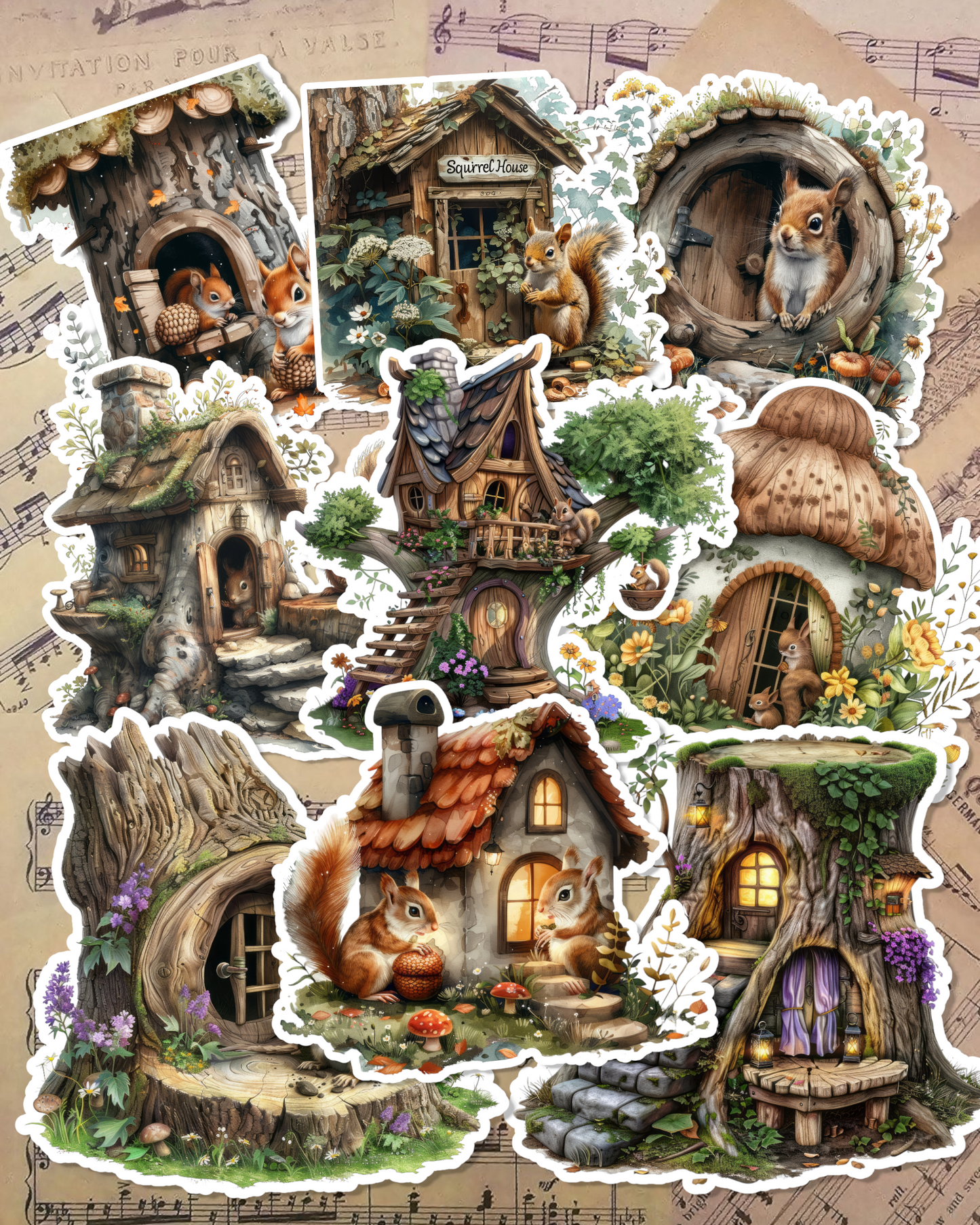 Set of 9 Squirrels house stickers forJournaling, Scrapbooking, Crafts, HandArts•