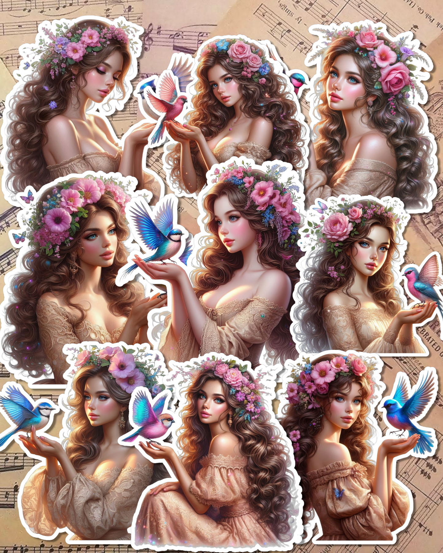 Set of Beautiful Girls holding birds for journaling , le scrapbooking, Crafts, HandArts.