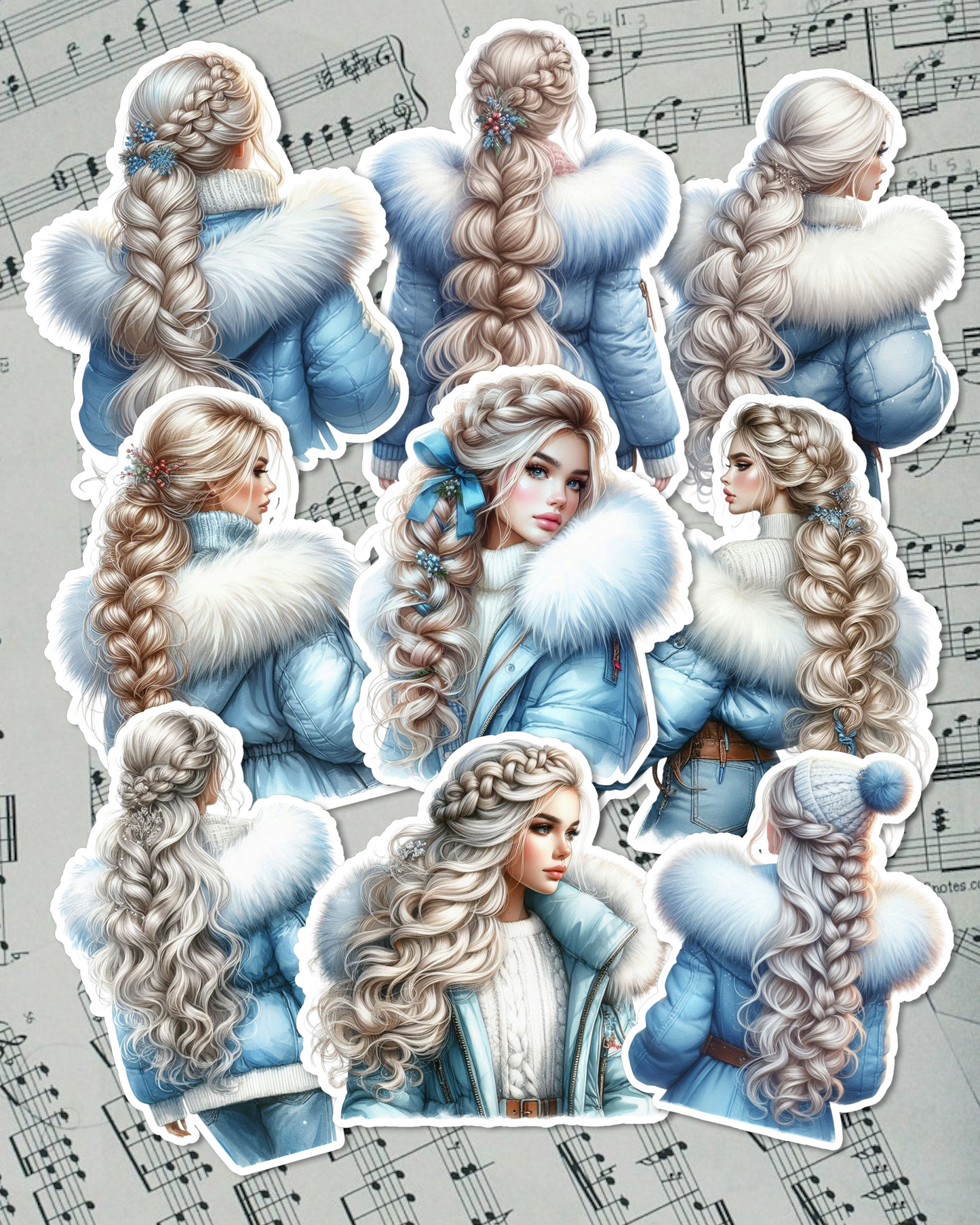 Lot of 9 Winter girls in Blue flak jacket for journaling, Scrapbooking, Crafts, HandArts•