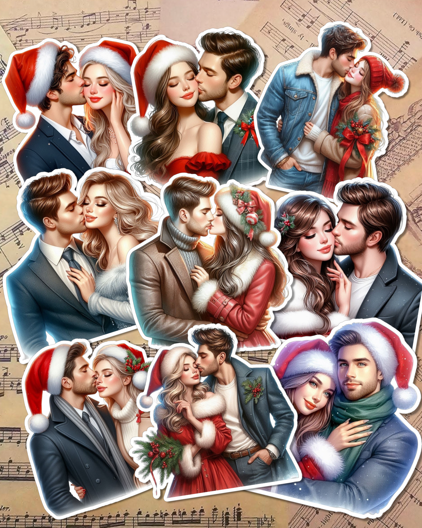 Set of 9 christmas kissing couple lovers for journaling, scrapbooking, crafts, HandArts•