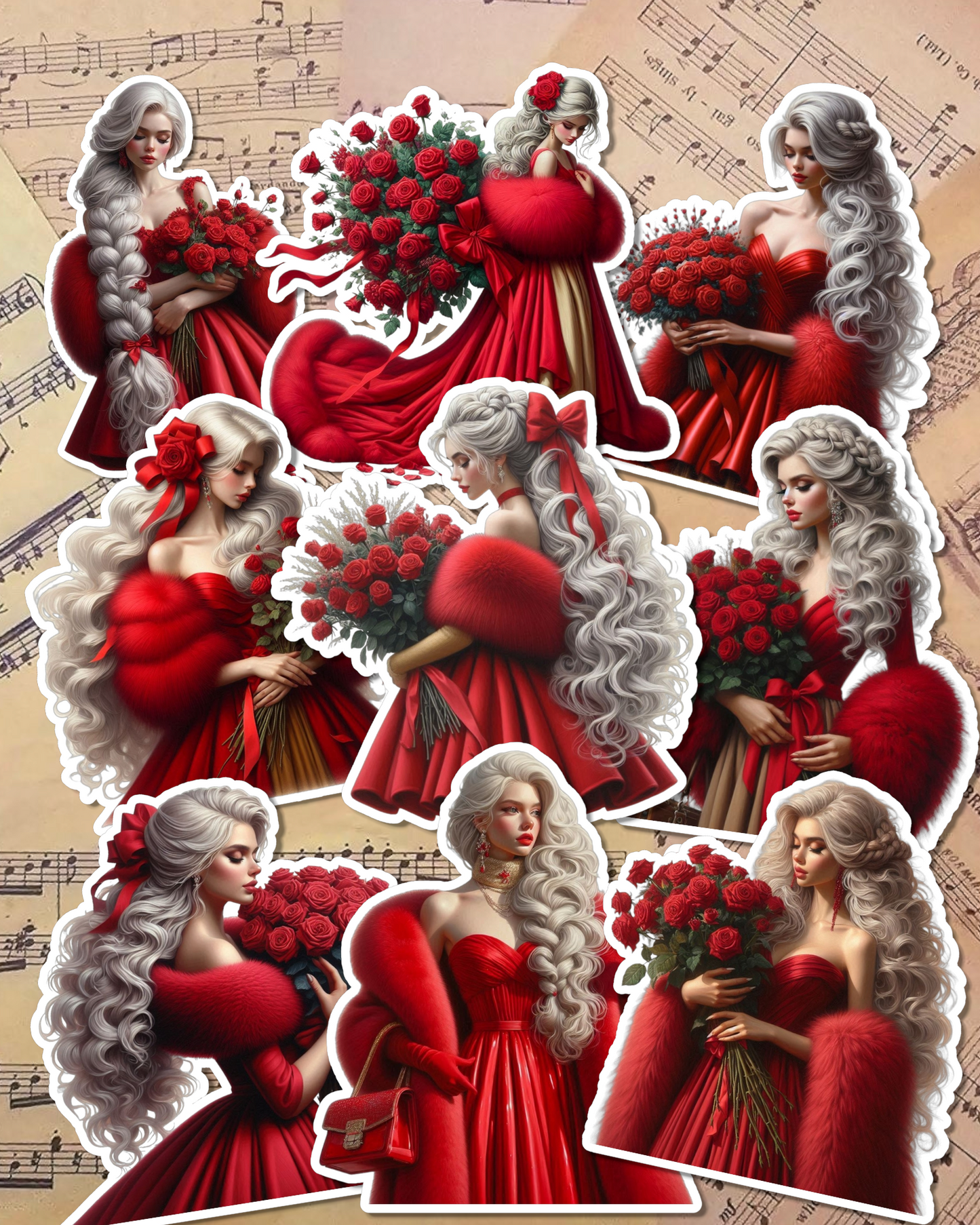 Set of Beautiful Girls wearing red dress for journaling , le scrapbooking, Crafts, HandArts.