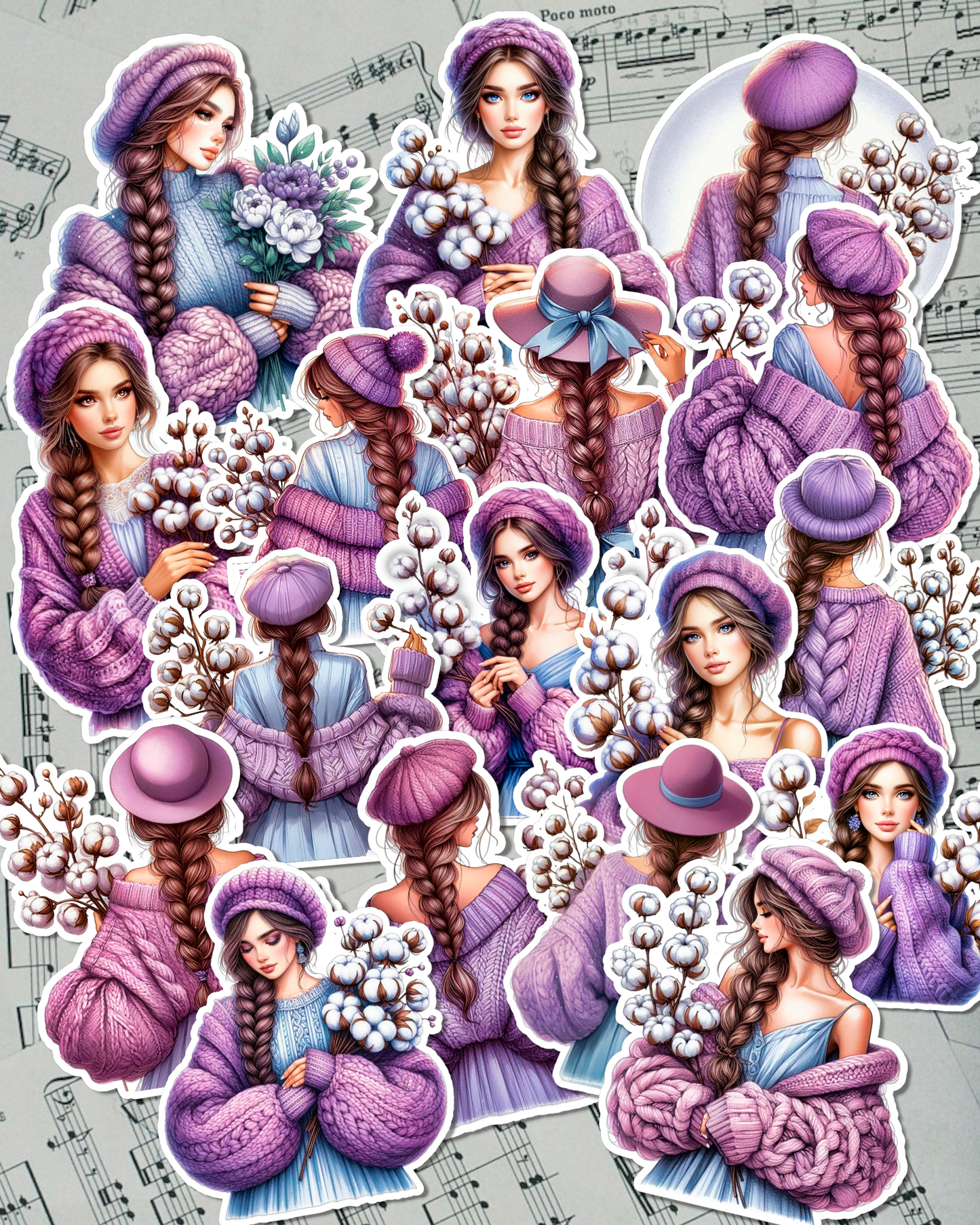 Lot of 17 Purple Blue whool cozy winter girls for journaling| Cards | Scrapbooking | Crafts |HandArts.