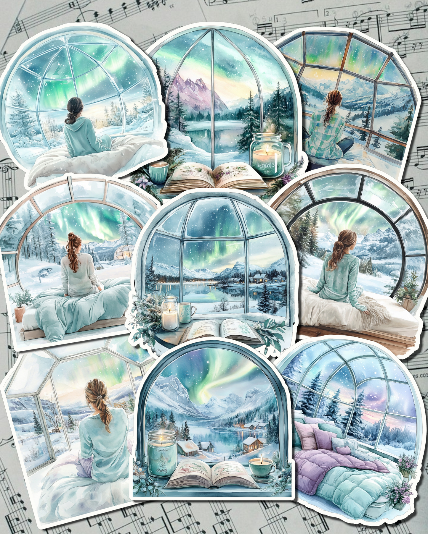Lot de 9 Stickers Cosy northern lights cozy corner for journaling, scrapbooking, Crafts, HandArts.