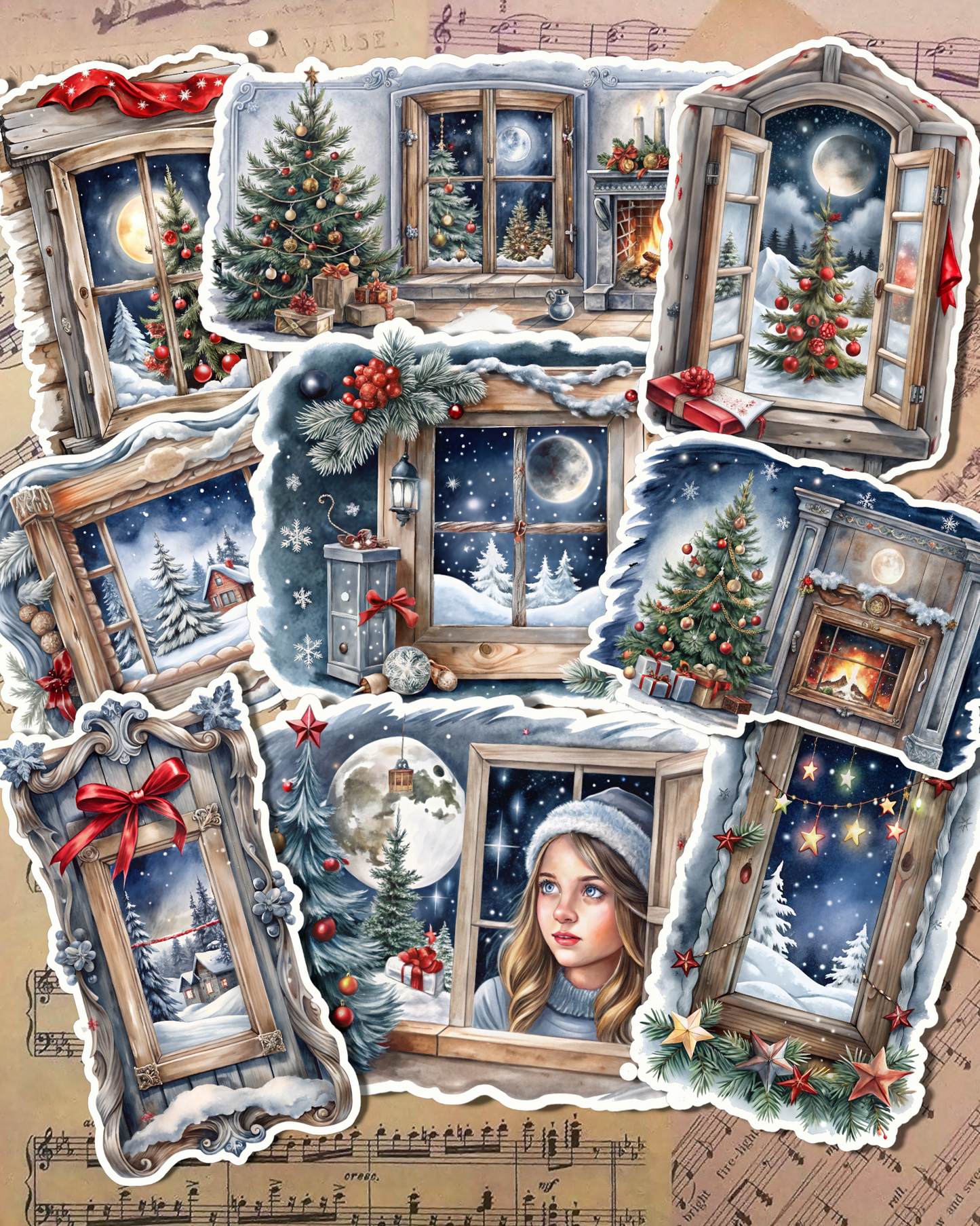 Set of 9 Winter new year window for journaling, scrapbooking, Crafts, Hand Arts.