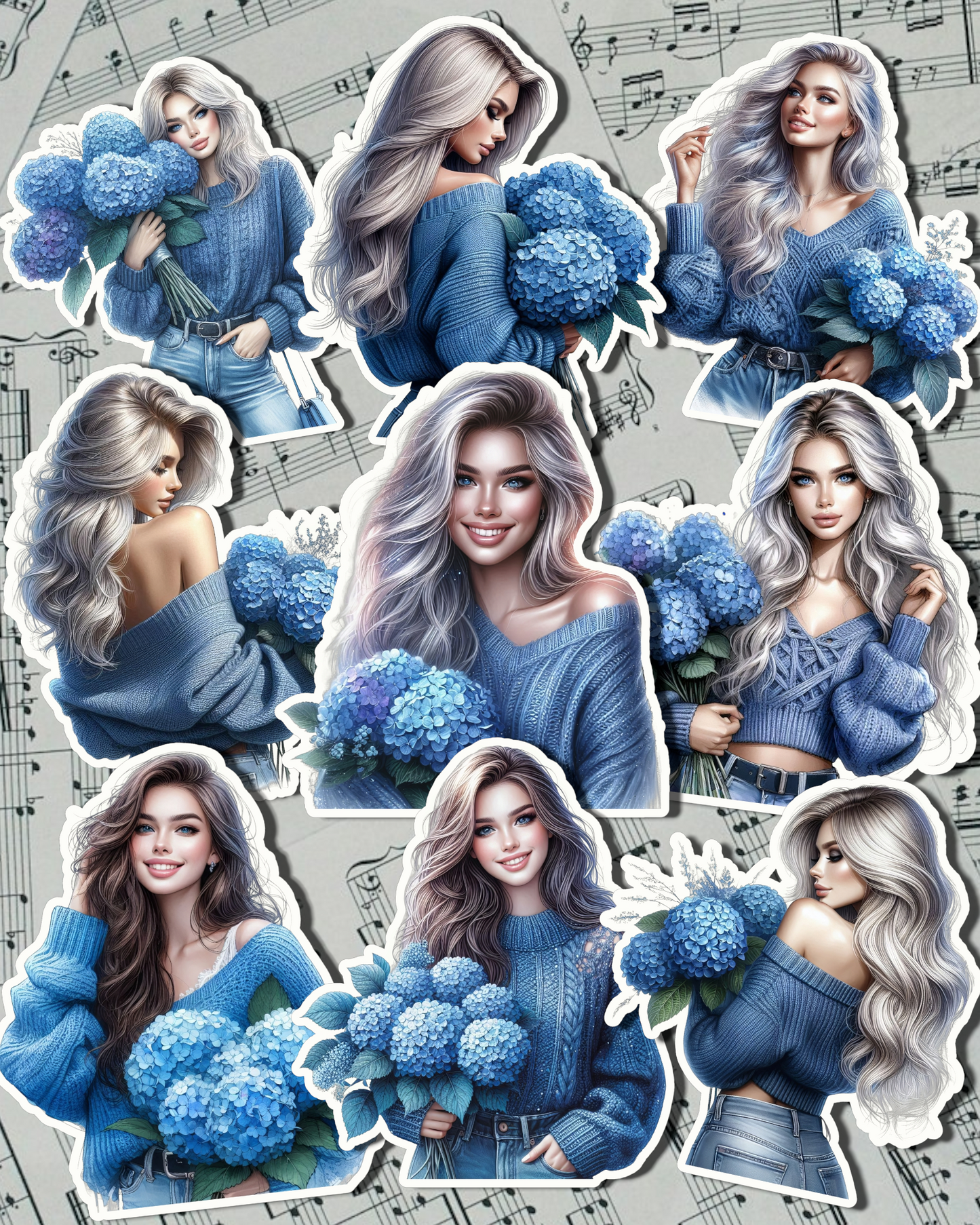 Lot of Cozy Winter girls wearing blue pull-overs for journaling, Scrapbooking, Crafts, HandArts•