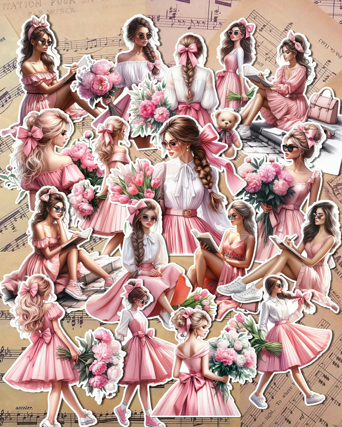 Lot of 17 Pink elegant girls holding flowers for journaling| Cards | Scrapbooking | Crafts |HandArts.
