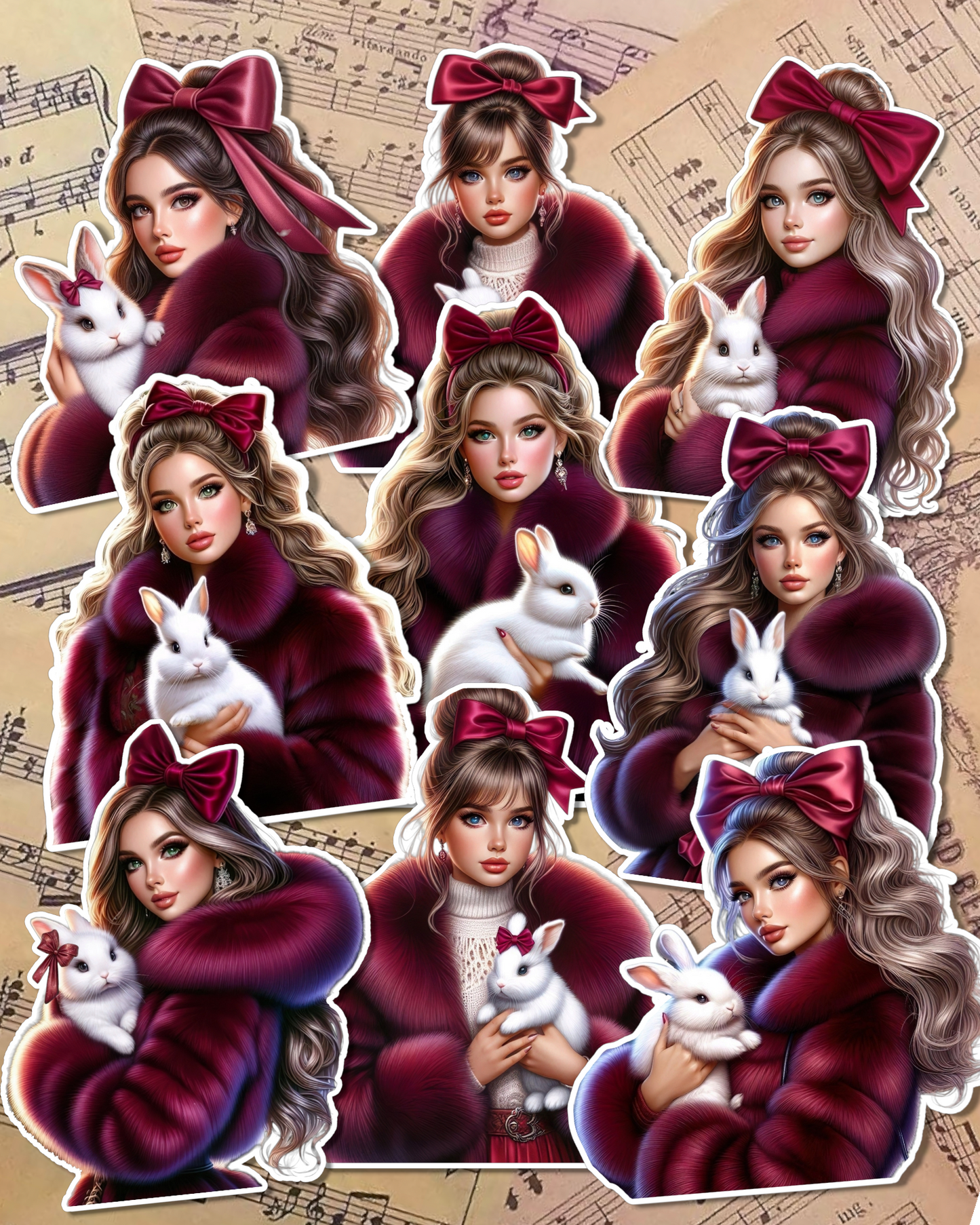 Set of Beautiful girls holding rappits wearing redwine forrure for journaling , le scrapbooking, Crafts, HandArts.