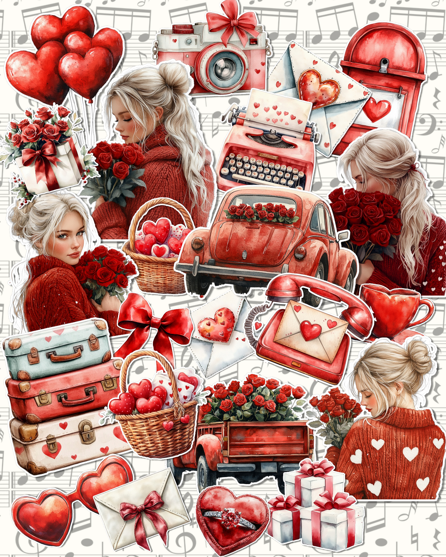 Lot of 25 valentine girls and lovely valentine items for journaling| Scrapbooking | Crafts| Hand Arts •