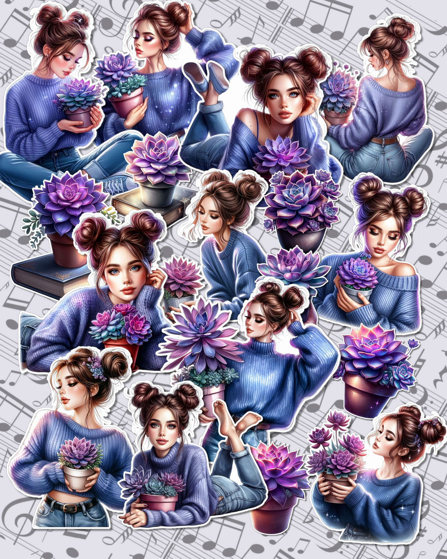 Set of 17 Purple-themed girl & succulent sticker set – perfect for plant lovers and dreamy vibes stickers for journaling| Scrapbooking | Crafts| Hand Arts •