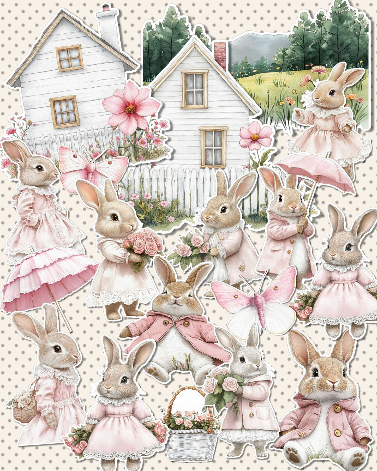 Lot de 17 adorable bunny cottagecore stickers for journaling| Scrapbooking | Crafts| Hand Arts •