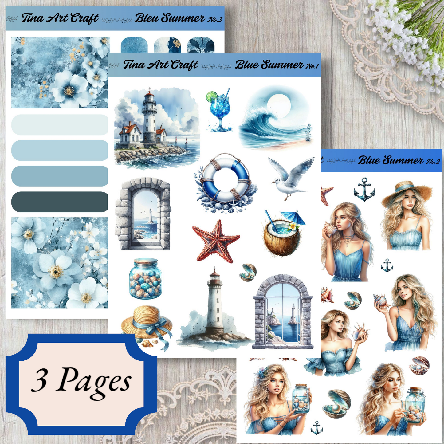Elegant sticker set inspired by the sea, featuring pastel tones, dreamy girls, and coastal elements – ideal for journaling, scrapbooking.