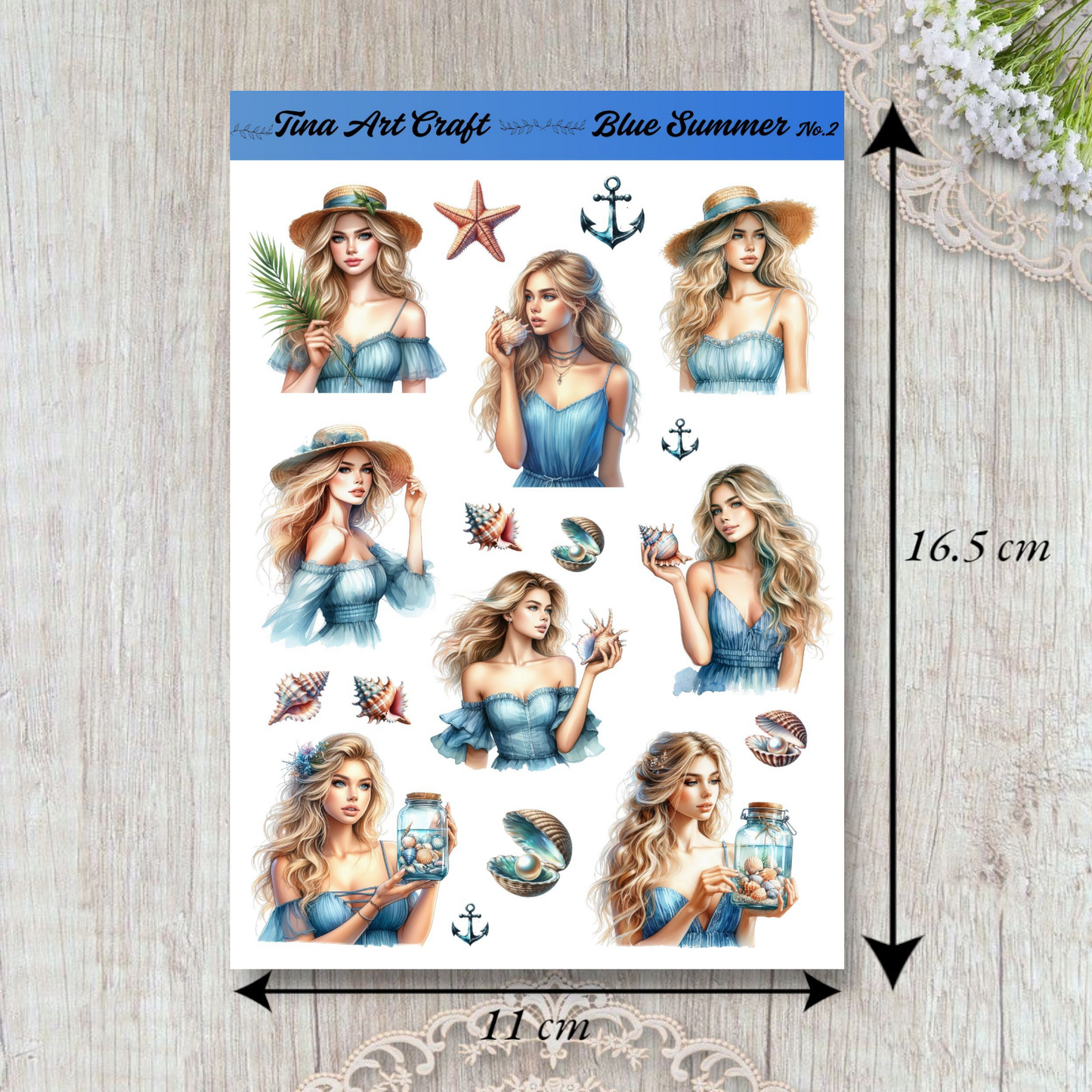 Elegant sticker set inspired by the sea, featuring pastel tones, dreamy girls, and coastal elements – ideal for journaling, scrapbooking.
