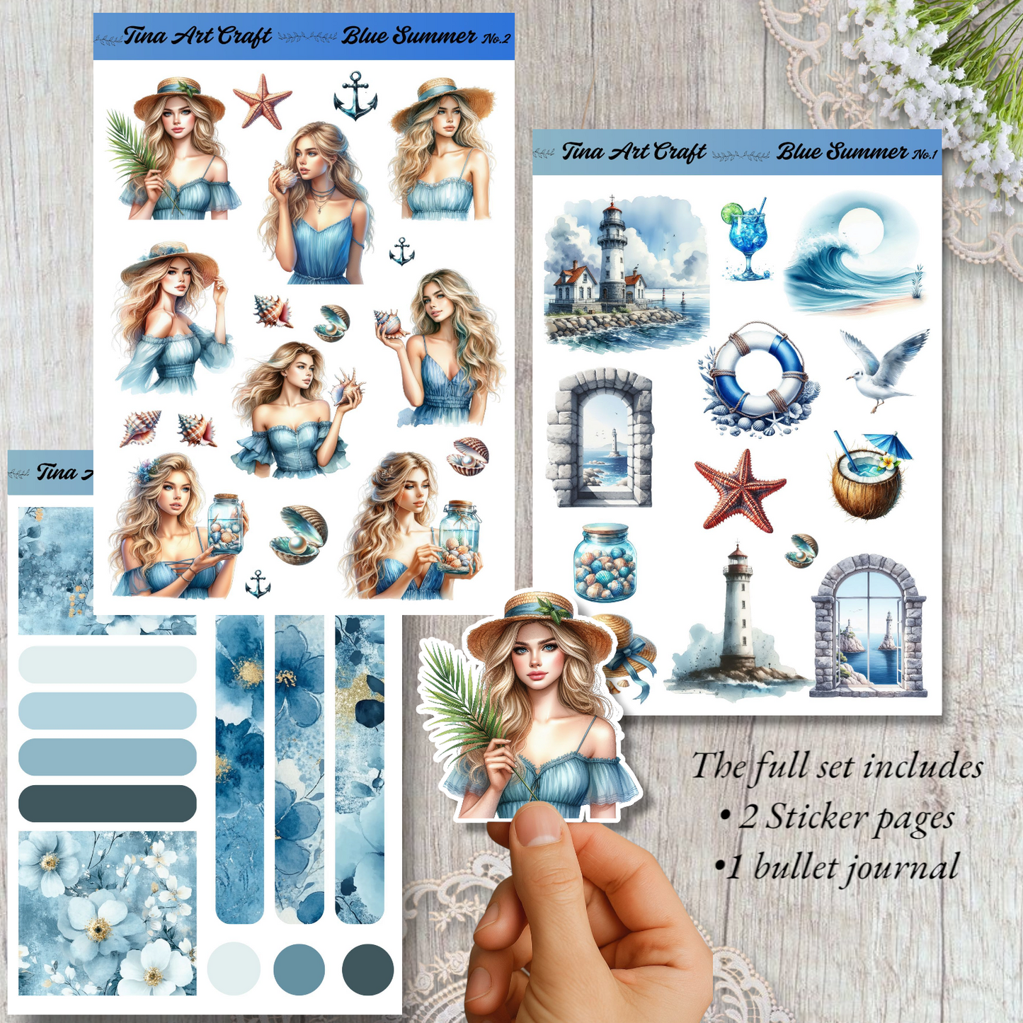 Elegant sticker set inspired by the sea, featuring pastel tones, dreamy girls, and coastal elements – ideal for journaling, scrapbooking.
