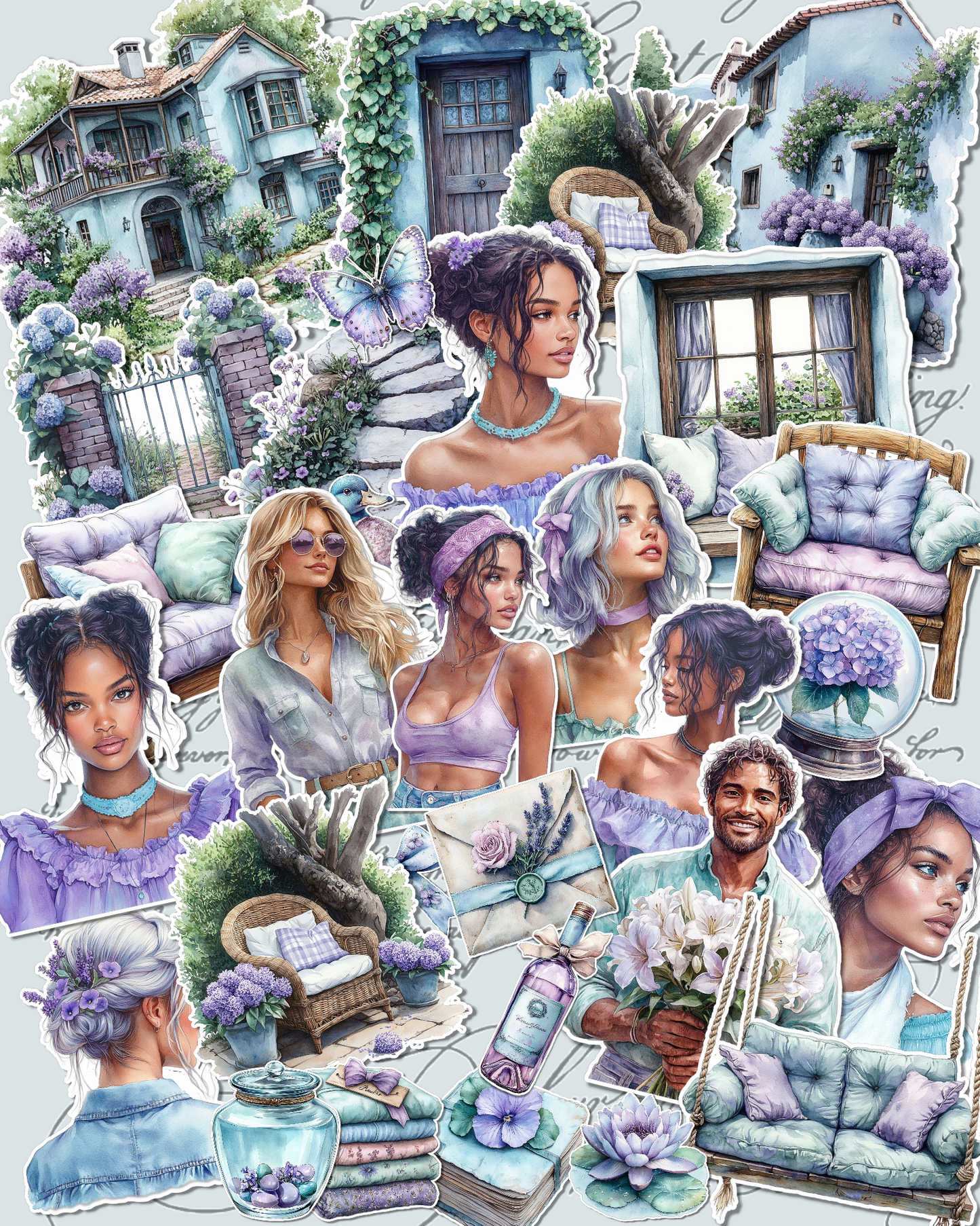 Bundle of dreamy lavender, lilac, mint, and pastel blue cottage stickers for Journaling | Scrapbooking | Crafts | Hand Arts.