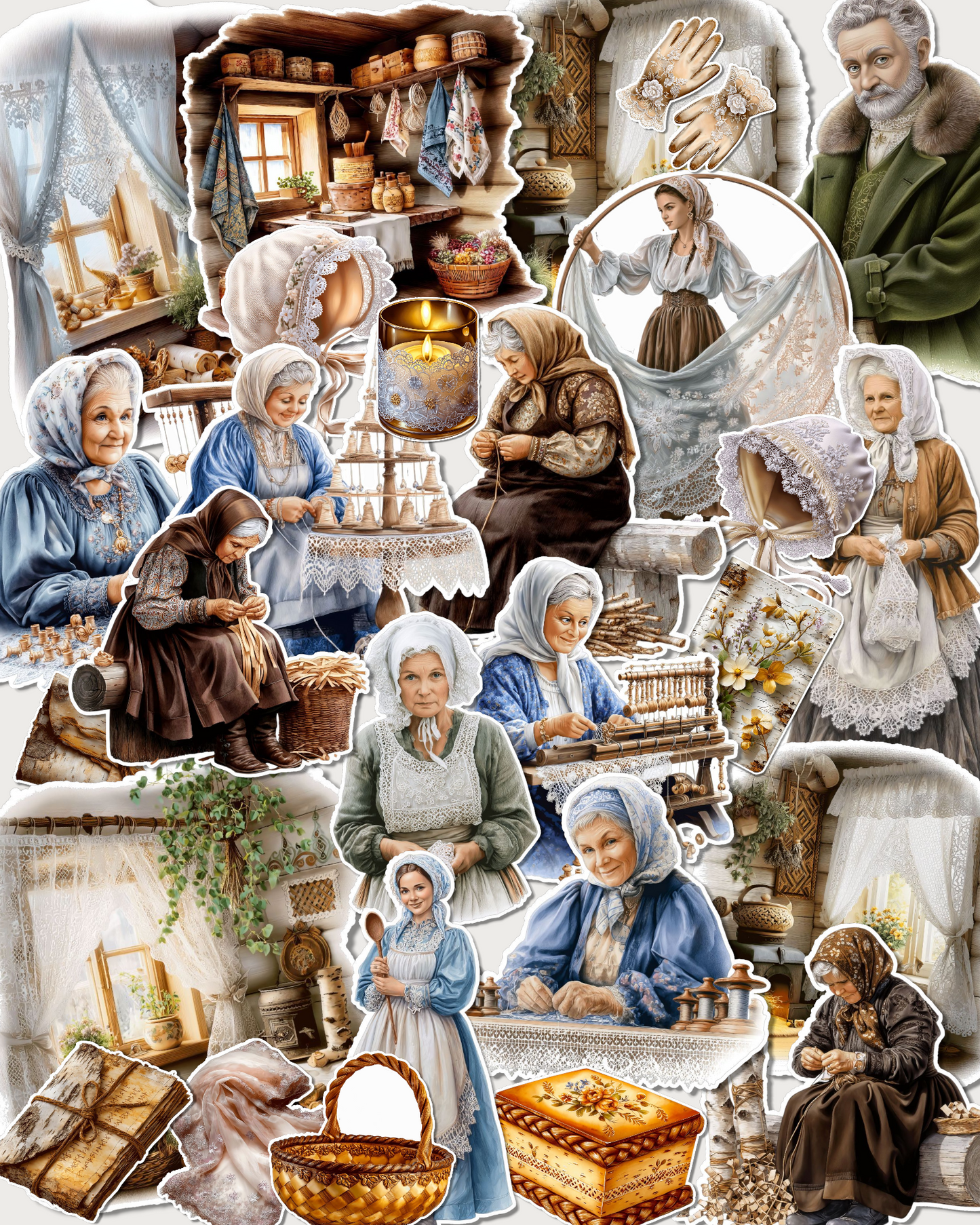 Lot of 25 more elegant lace & cottage vintage grandmother stickers for journaling| Scrapbooking | Crafts| HandArts Fabrication.