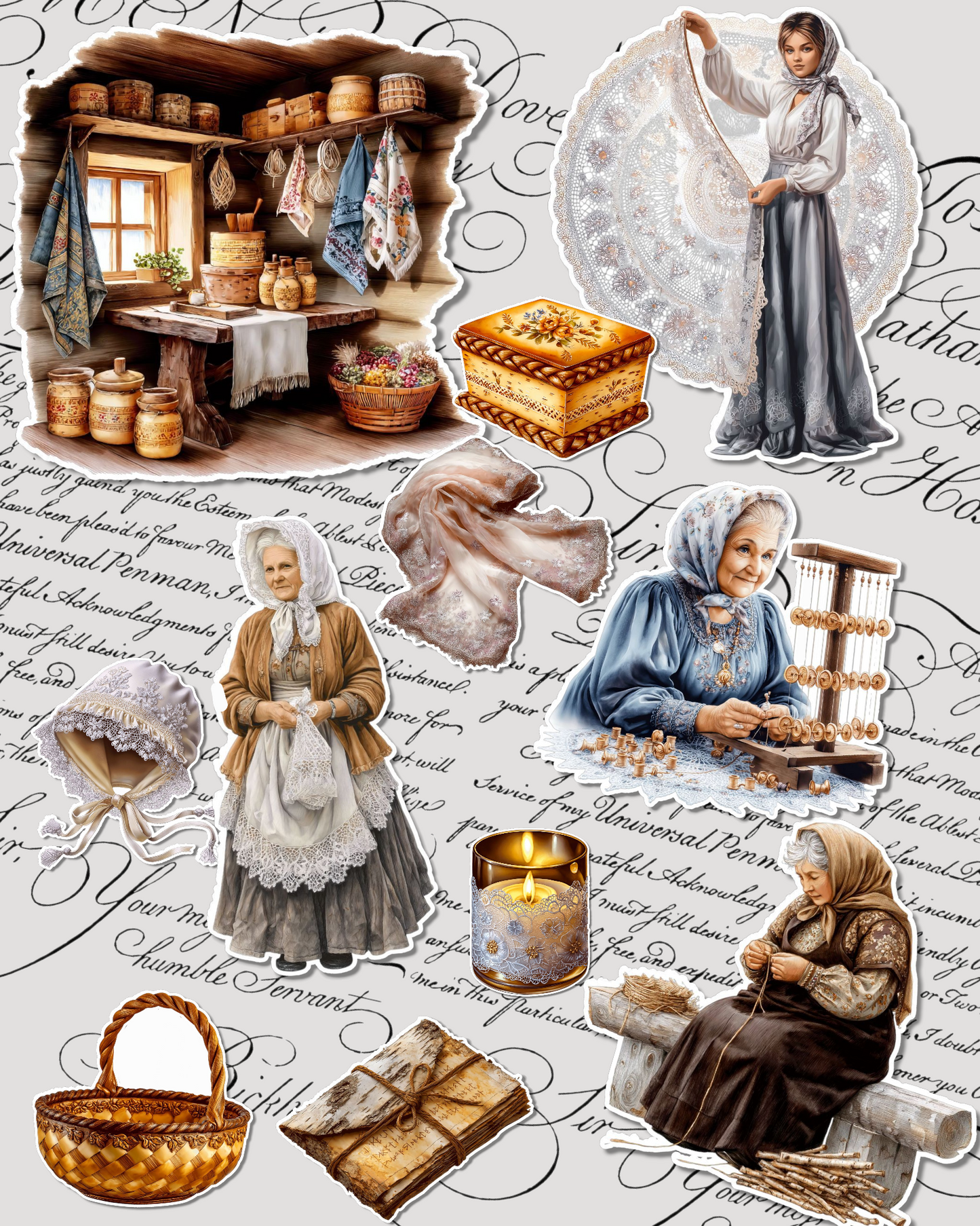 Lot of 25 more elegant lace & cottage vintage grandmother stickers for journaling| Scrapbooking | Crafts| HandArts Fabrication.