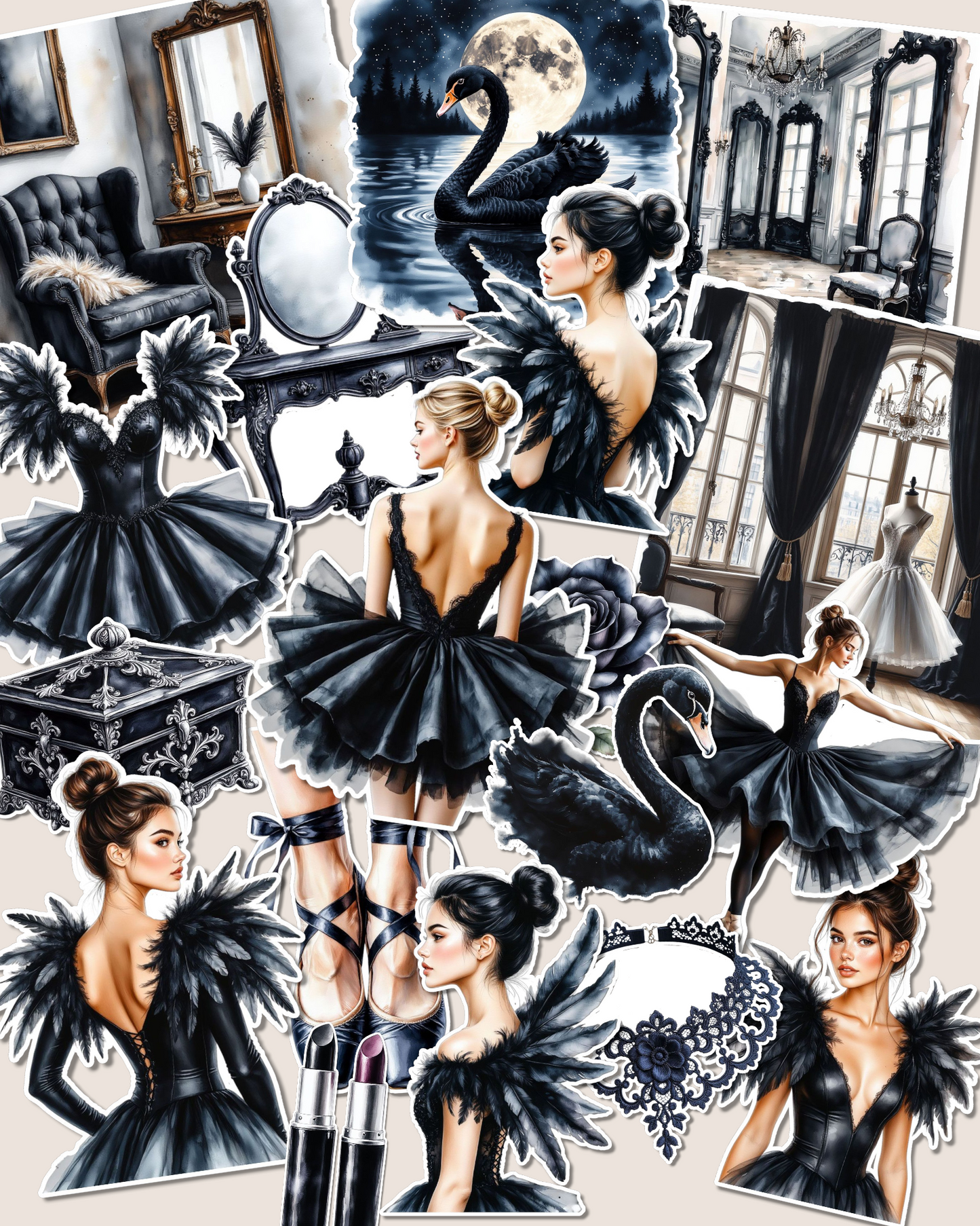 Cozy dark-aesthetic Black Swan stickers for journaling| Scrapbooking | Crafts| Hand Arts •