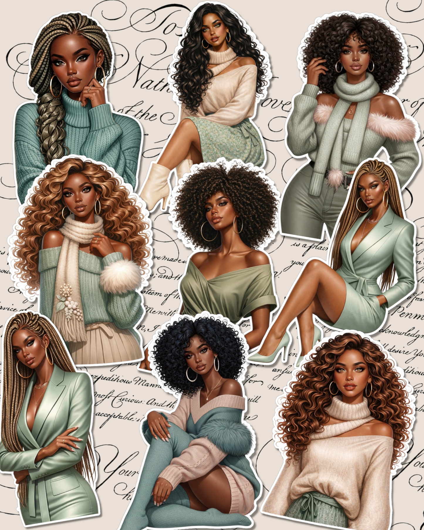 Set of 9 Stickers with warm autumn tones girls and chic details, perfect for Journaling, scrapbooking, Crafts, HandArts.