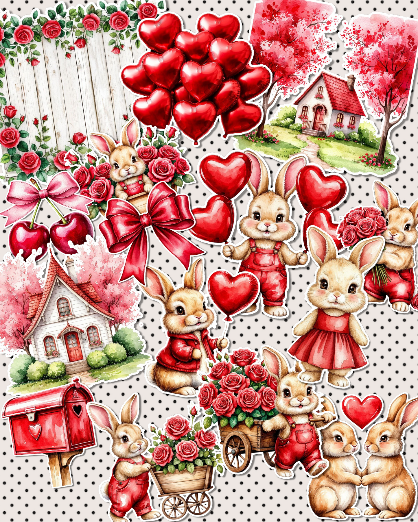 Lot de 17 red cute rabbits valentine stickers for journaling| Scrapbooking | Crafts| Hand Arts •